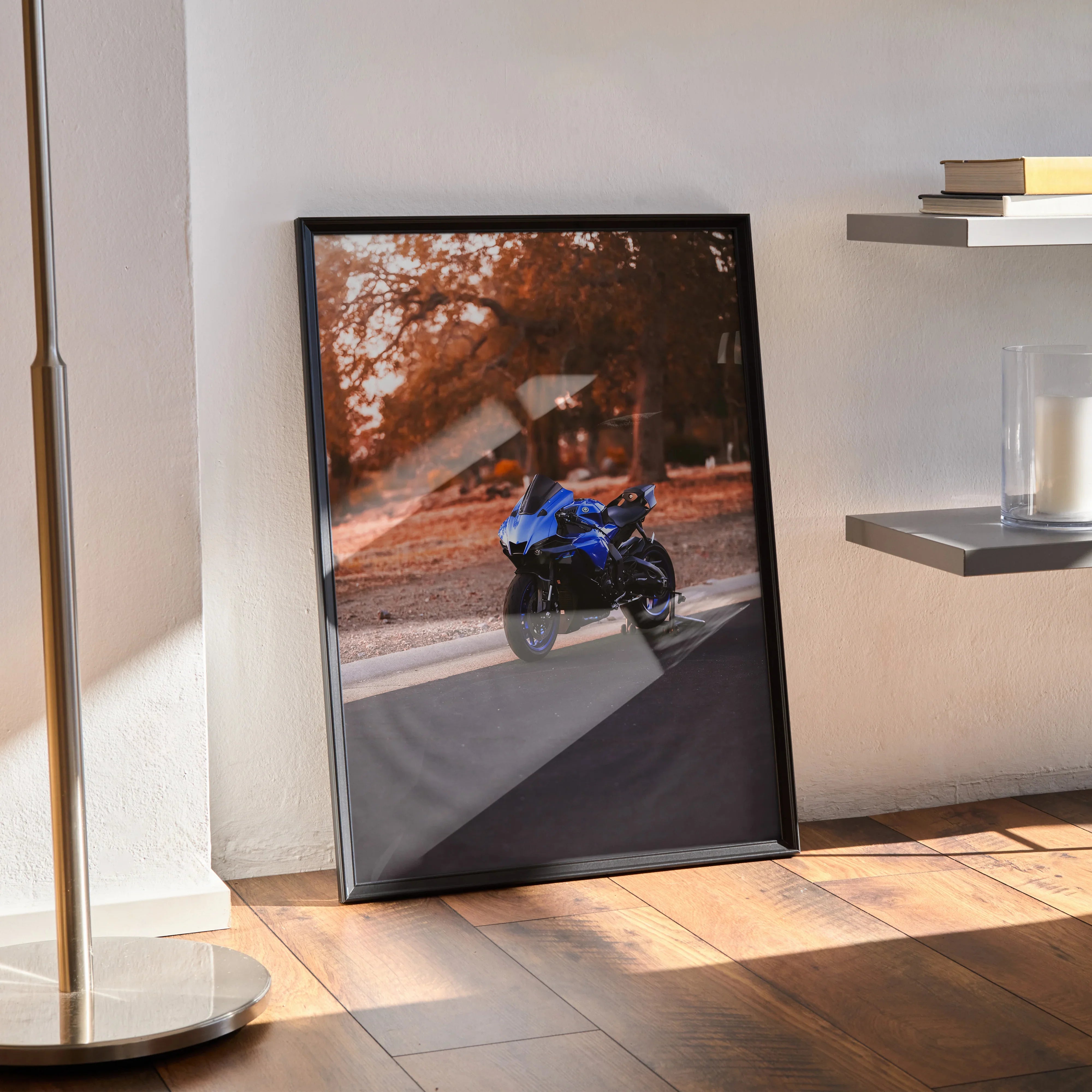 Yamaha R1 motorcycle poster with blue bike on autumn road, framed satin wall art.