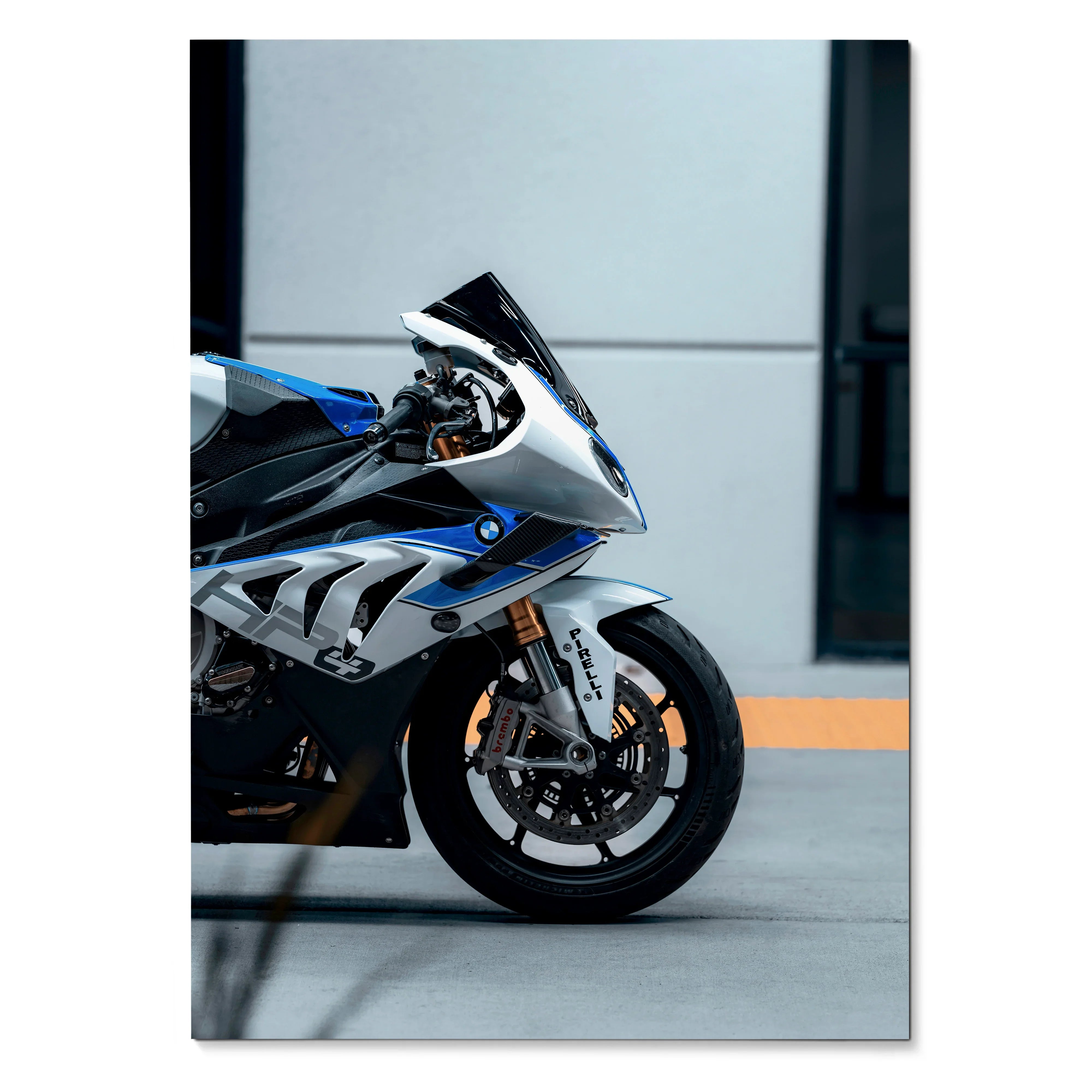 BMW S1000RR HP4 motorcycle detailed front view on a sleek poster wall art.
