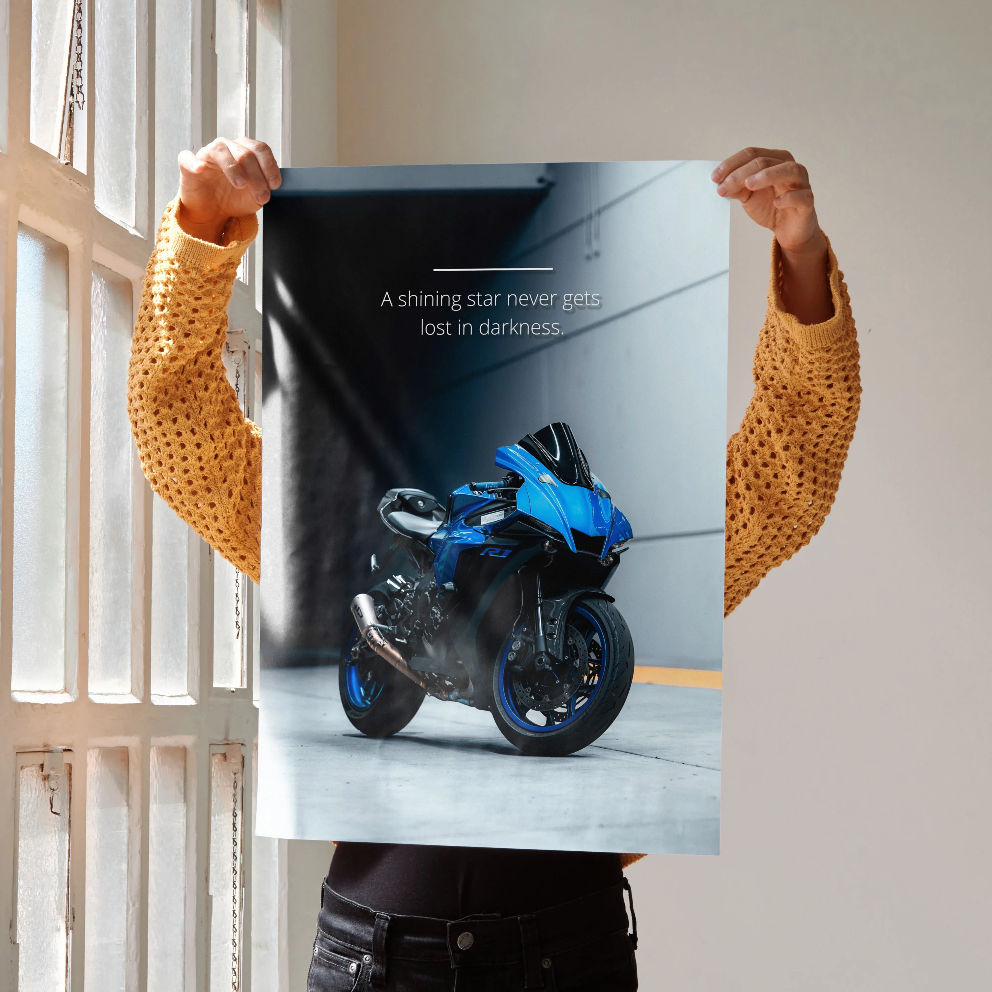 Motivational poster wall art featuring blue Yamaha R1 motorcycle with inspiring text on dark background.