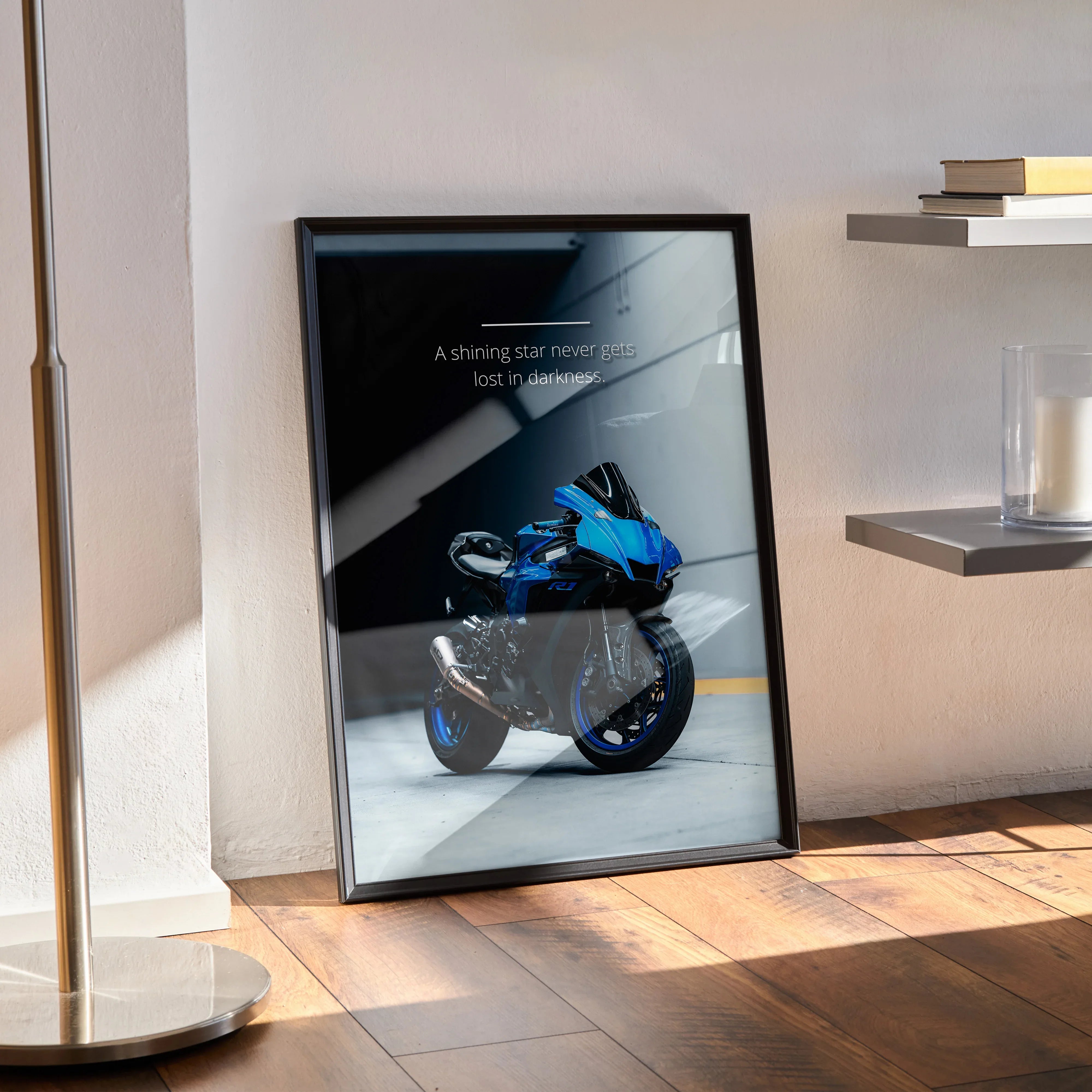 Motivational poster wall art featuring a blue Yamaha R1 motorcycle with inspiring text in black frame.