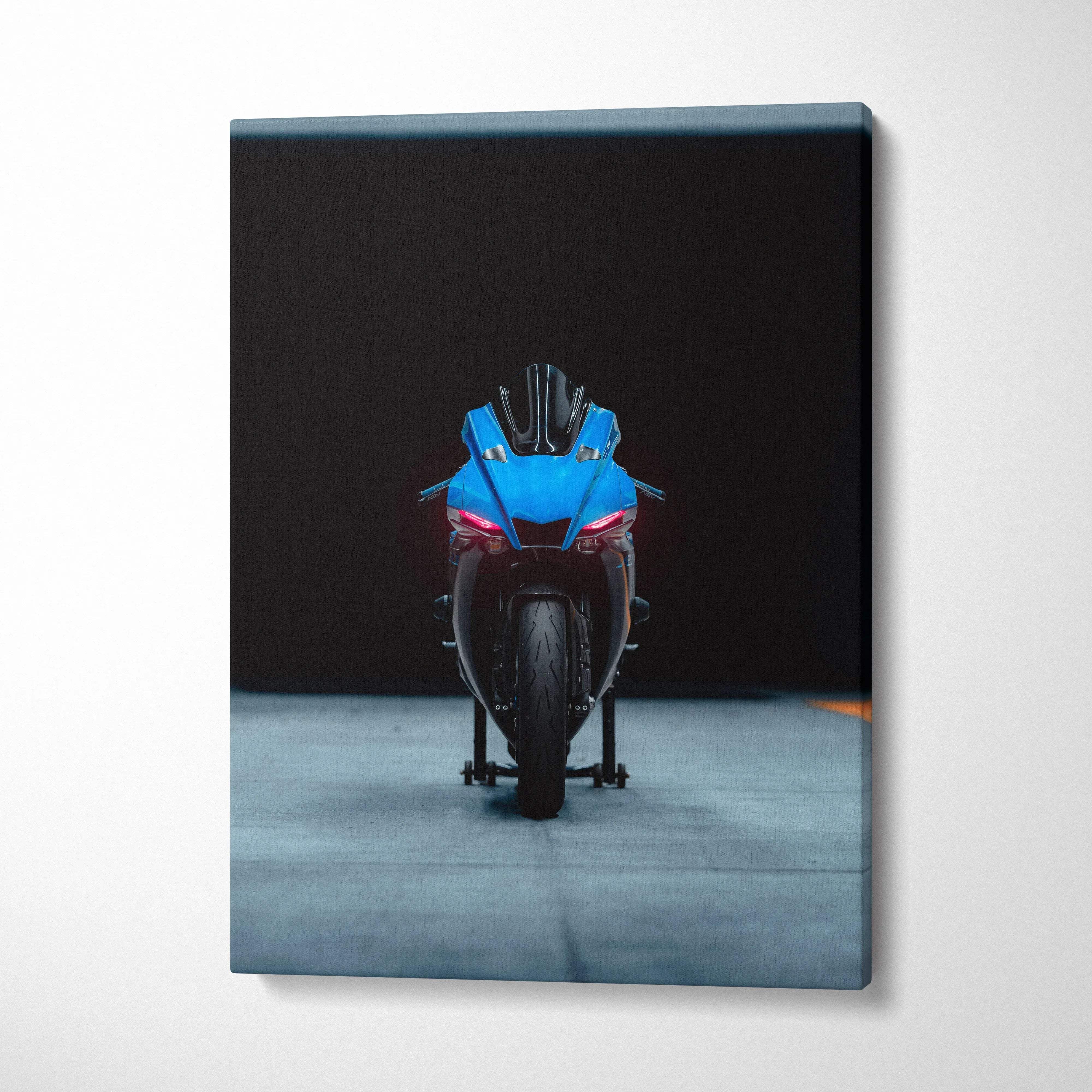 Yamaha R1 motorcycle front view on black background vertical canvas wall art.