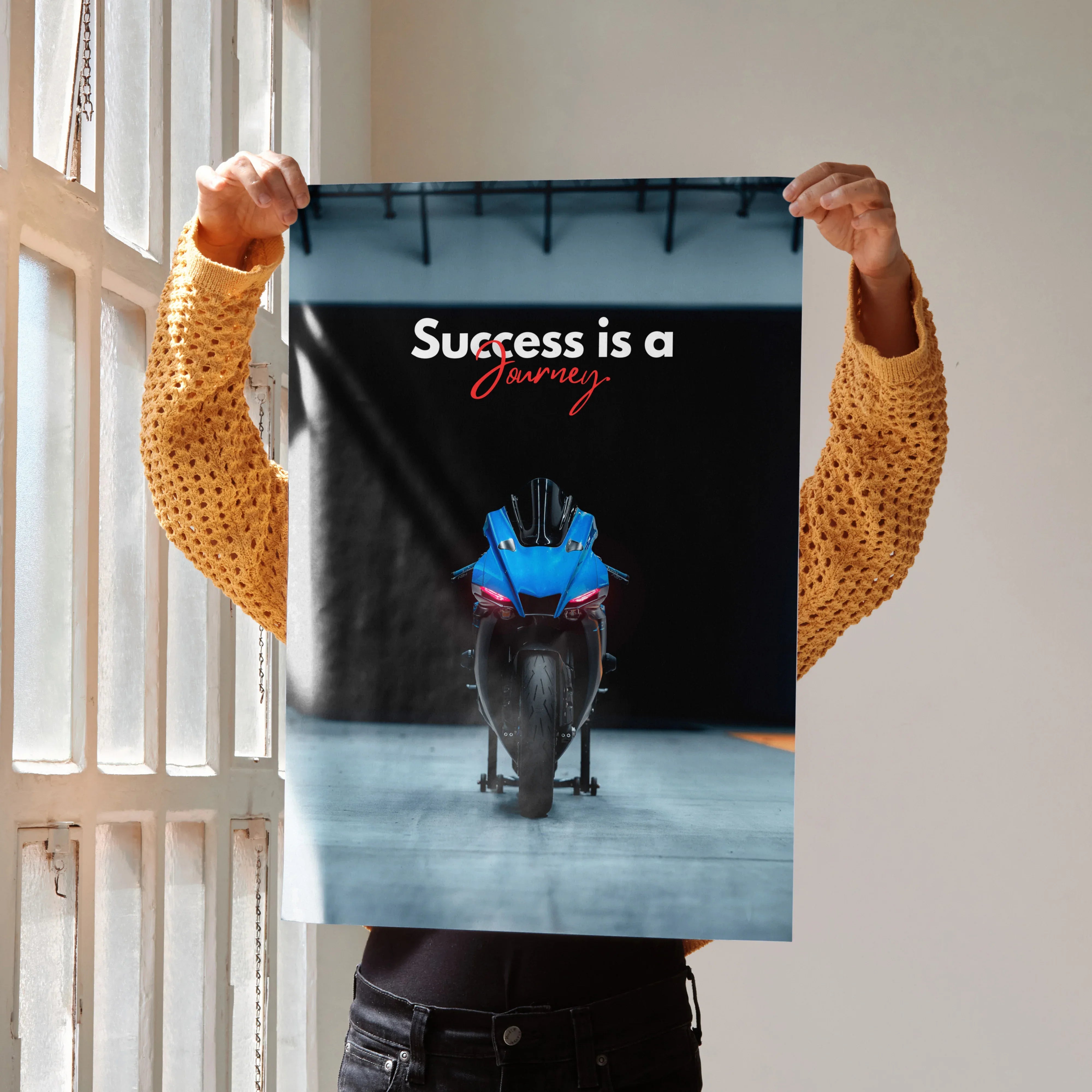 Motivational poster wall art featuring Yamaha R1 motorcycle with inspiring "Success is a Journey" text in blue and red colors.