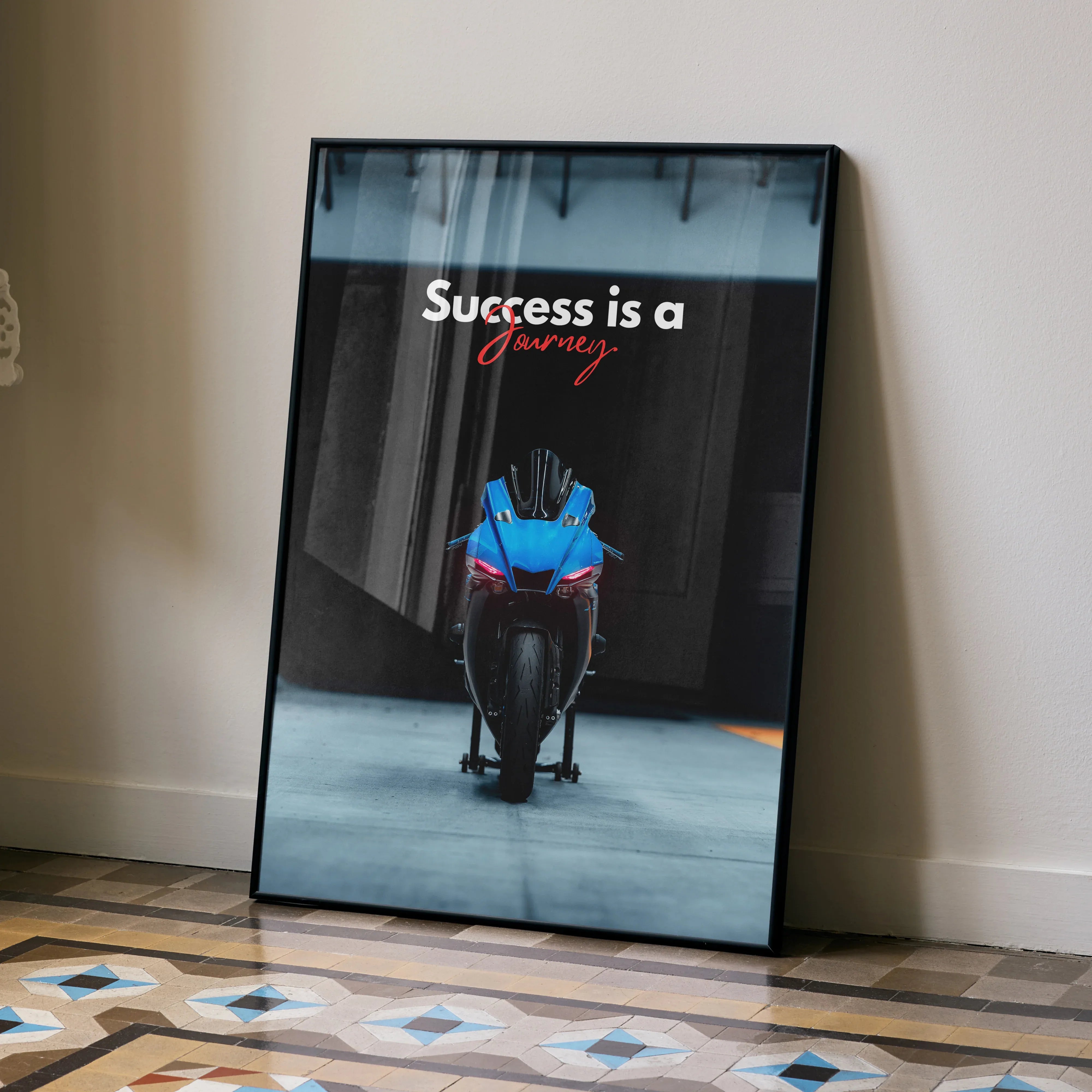 Motivational poster wall art featuring Yamaha R1 motorcycle with "Success is a Journey" text in white and red on black.