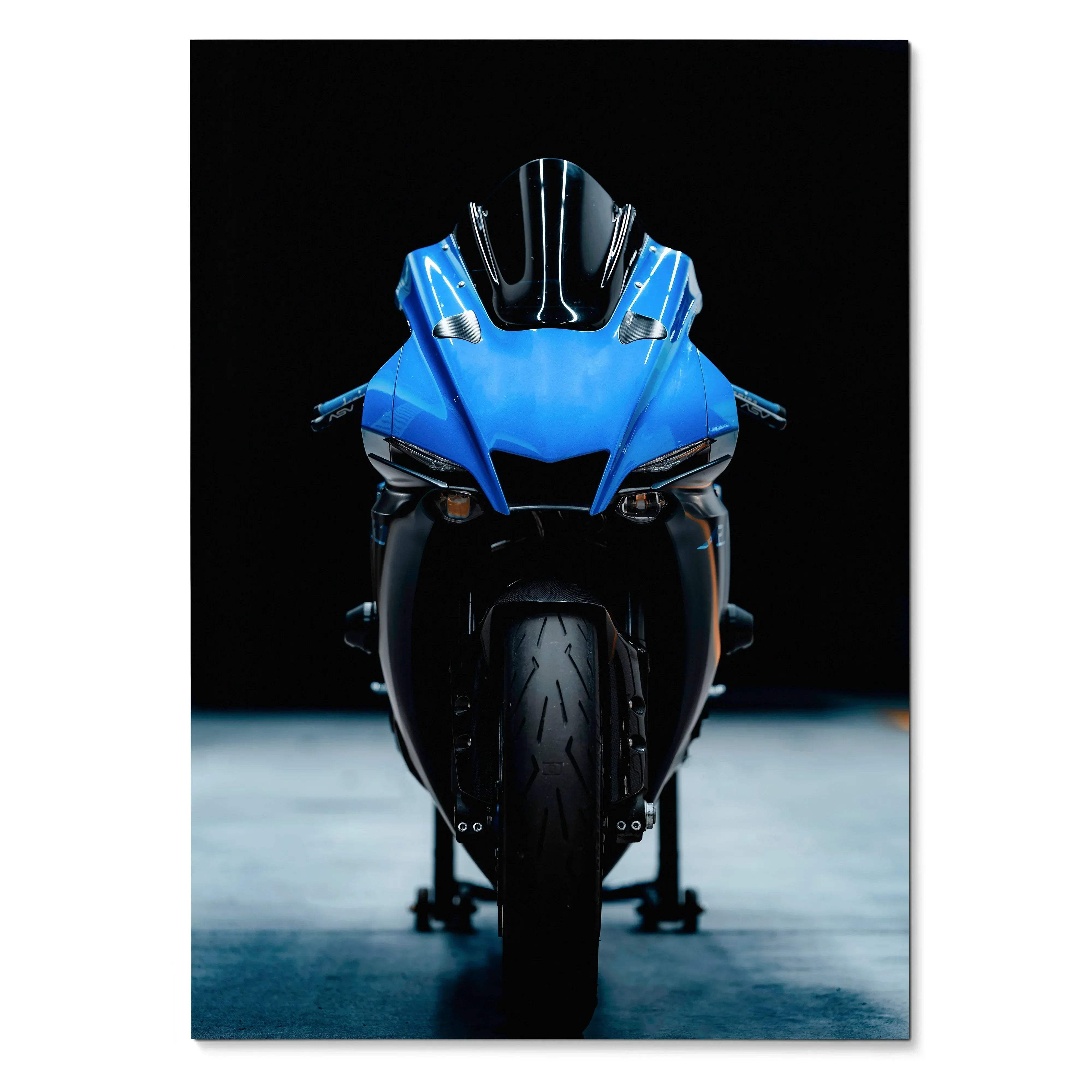 Blue Yamaha R1 motorcycle front view poster with black background wall art.