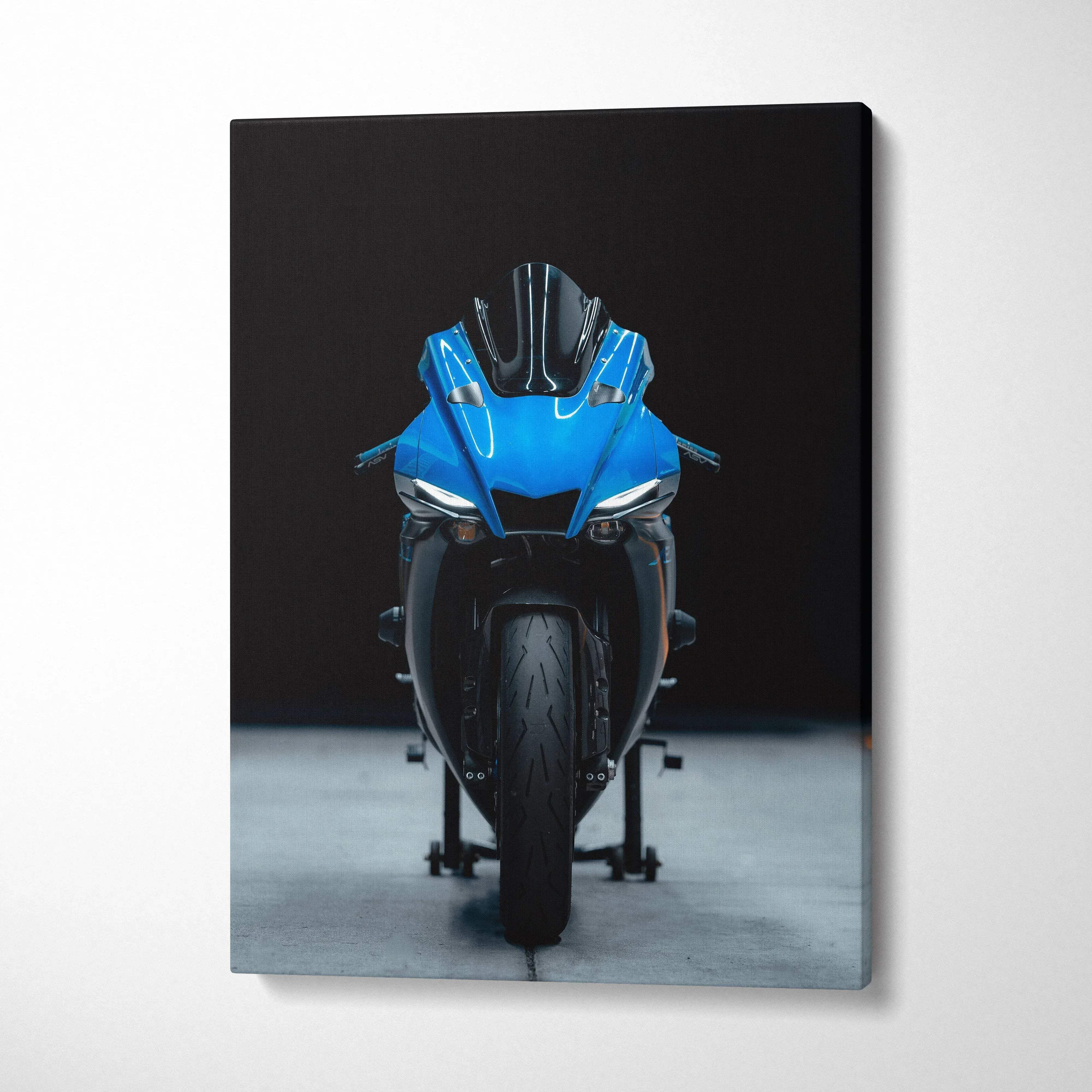 Blue Yamaha R1 motorcycle front view on black background canvas wall art.