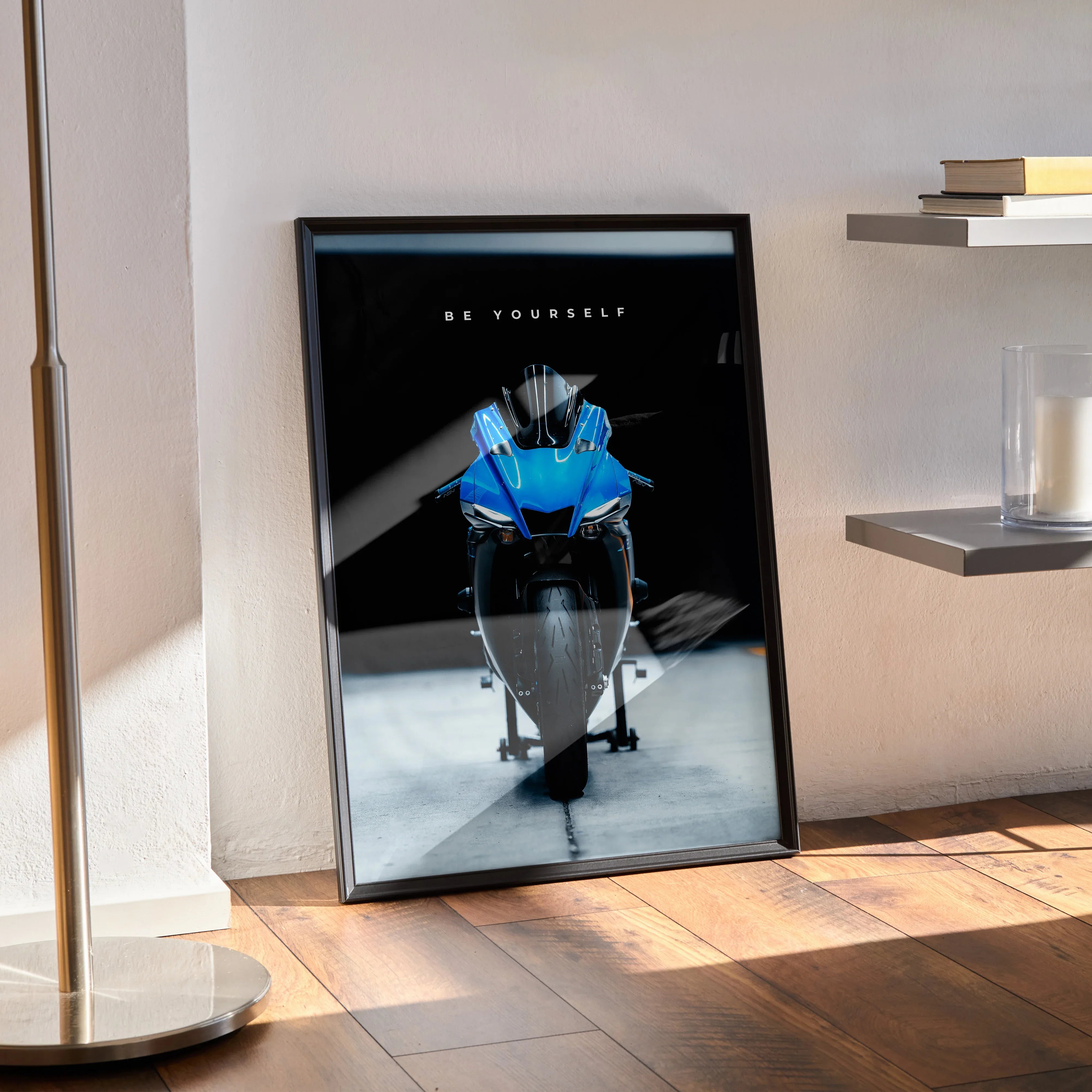 Motivational poster wall art featuring blue Yamaha R1 motorcycle on black background with inspiring text.