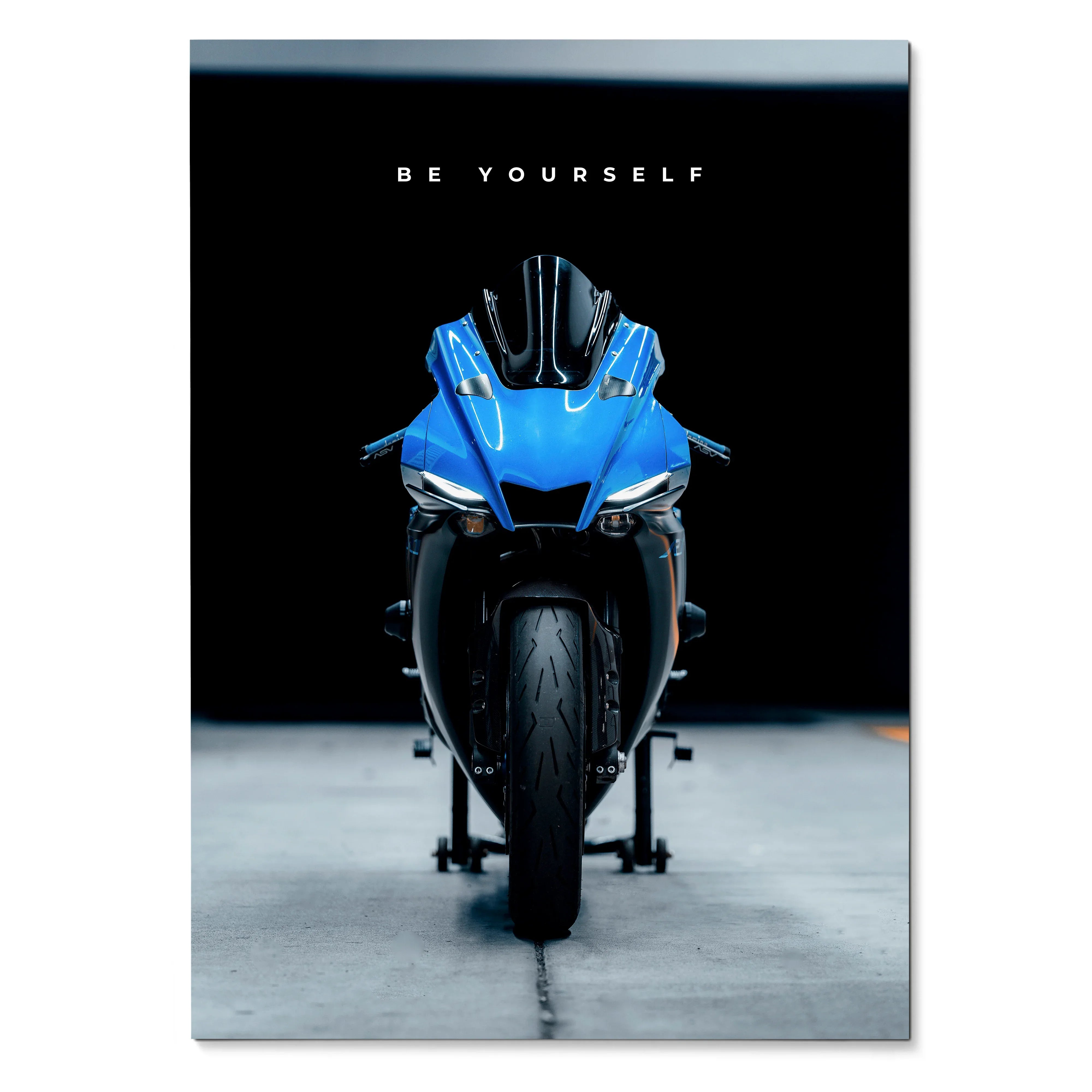 Blue Yamaha R1 motorcycle front view with "Be Yourself" text motivational poster wall art.