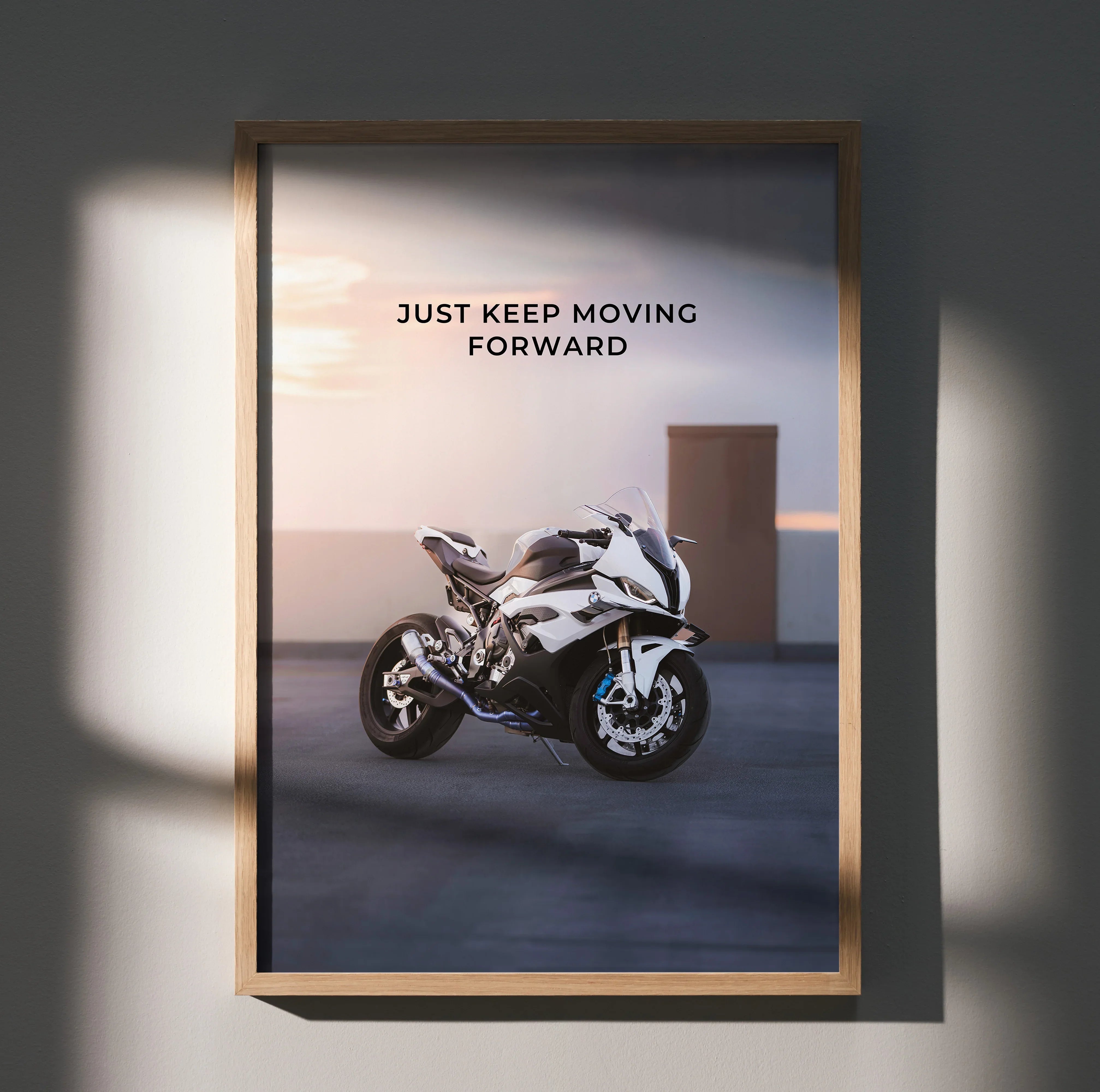 BMW S1000RR motorcycle poster wall art with "Just Keep Moving Forward" motivational text.