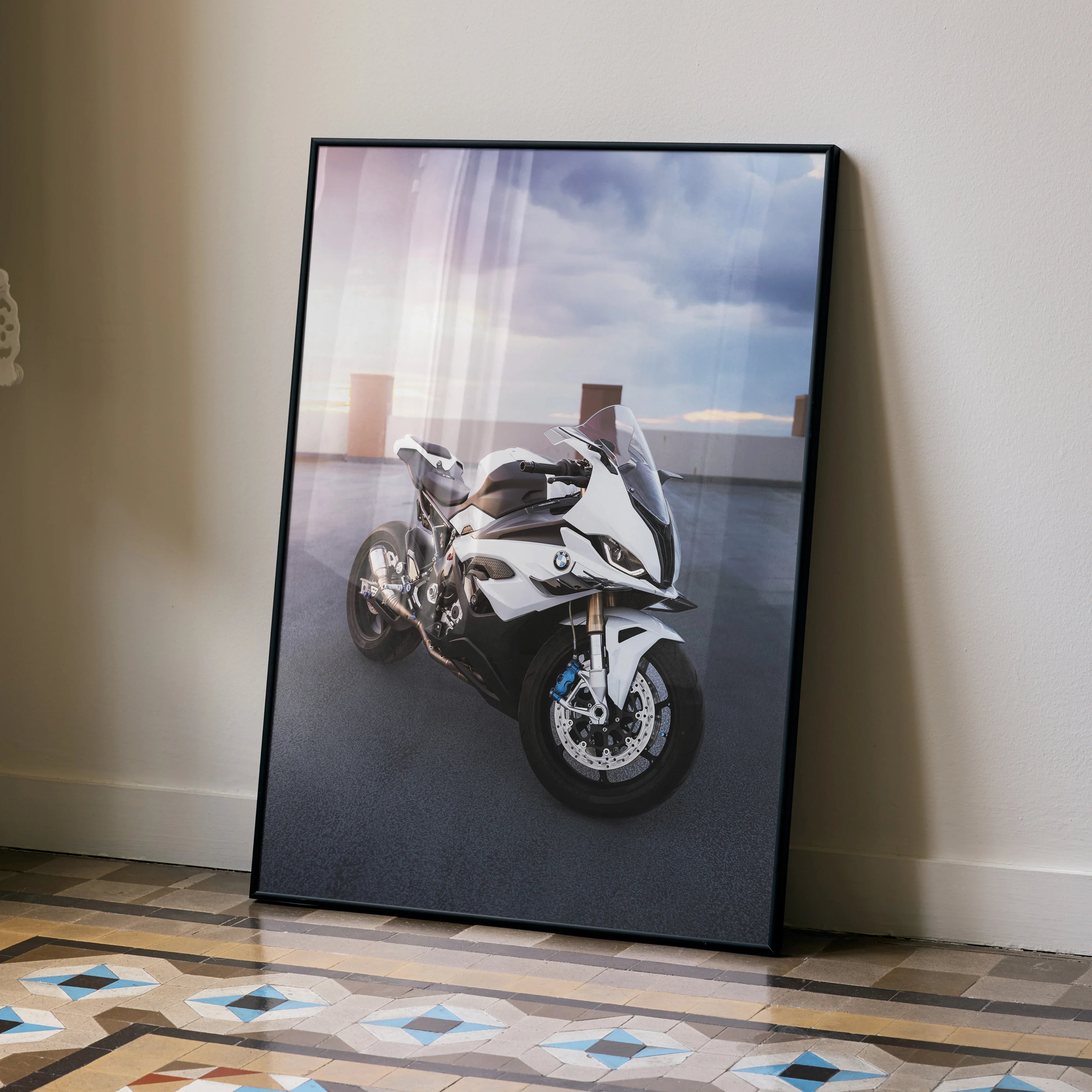 BMW S1000RR motorcycle poster with dynamic racing design in black frame wall art.