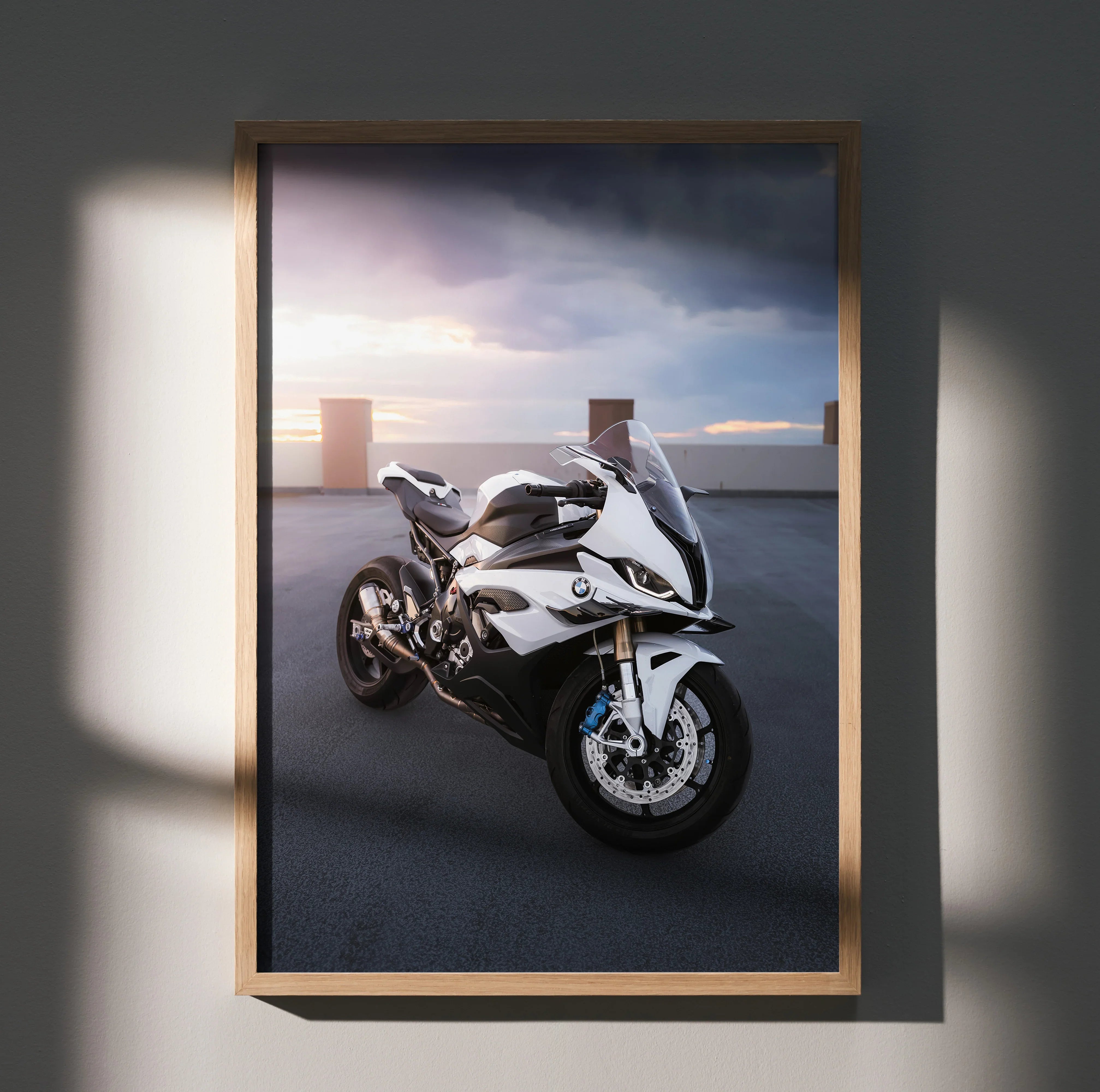 BMW S1000RR motorcycle poster with white bike against evening sky, premium wall art.