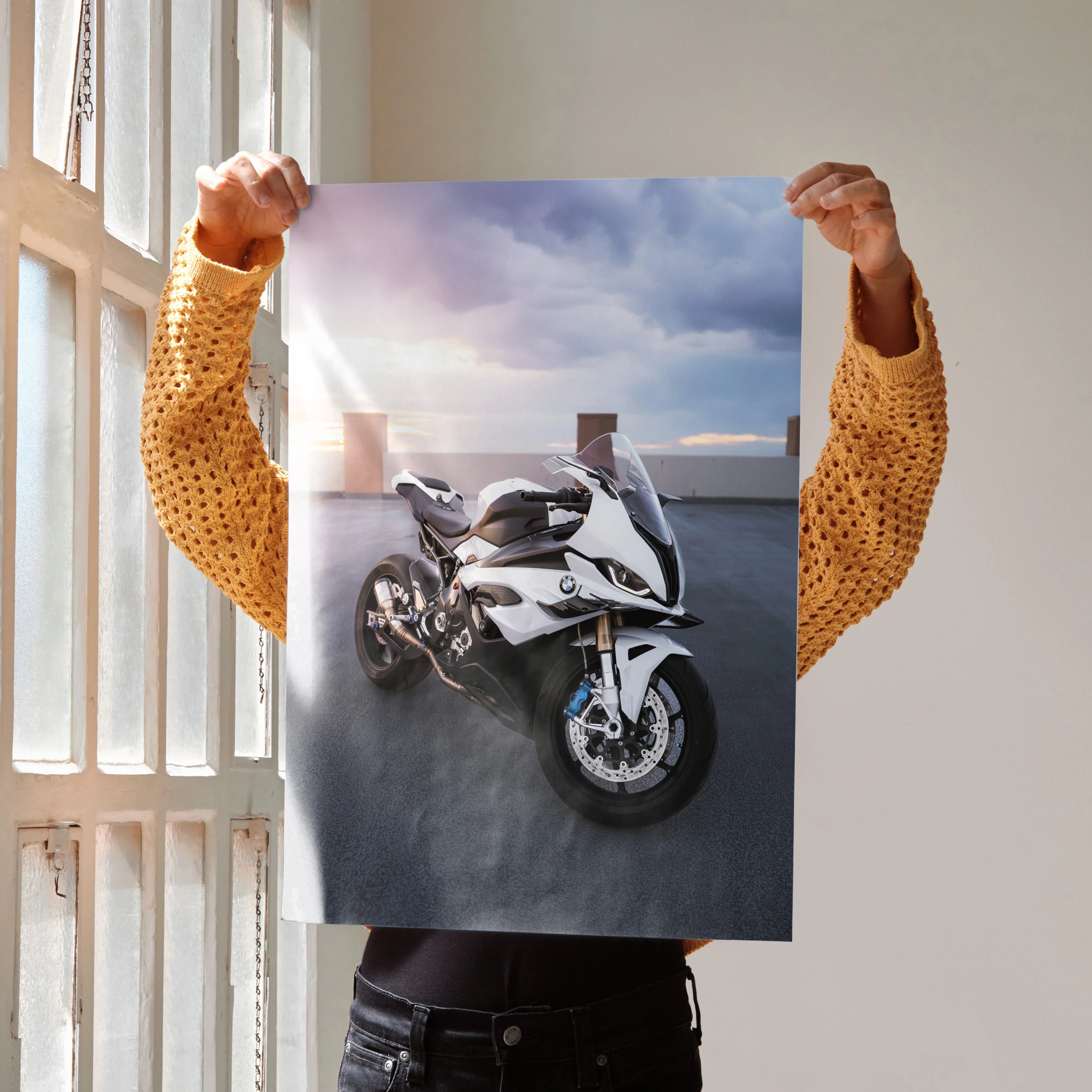 BMW S1000RR motorcycle poster with dynamic sunset background, premium wall art for enthusiasts.
