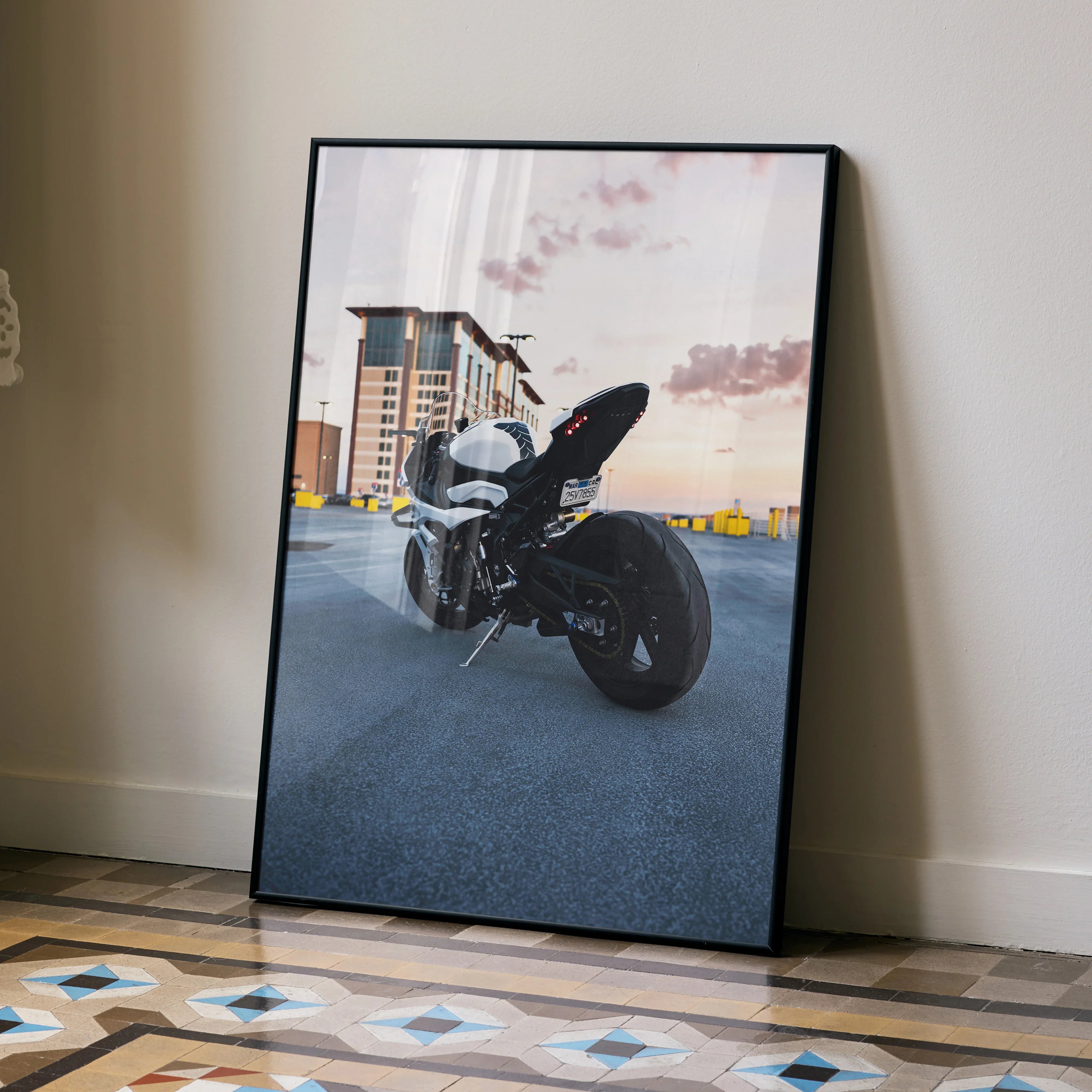 BMW S1000RR motorcycle poster with sunset background, premium satin wall art in black frame.