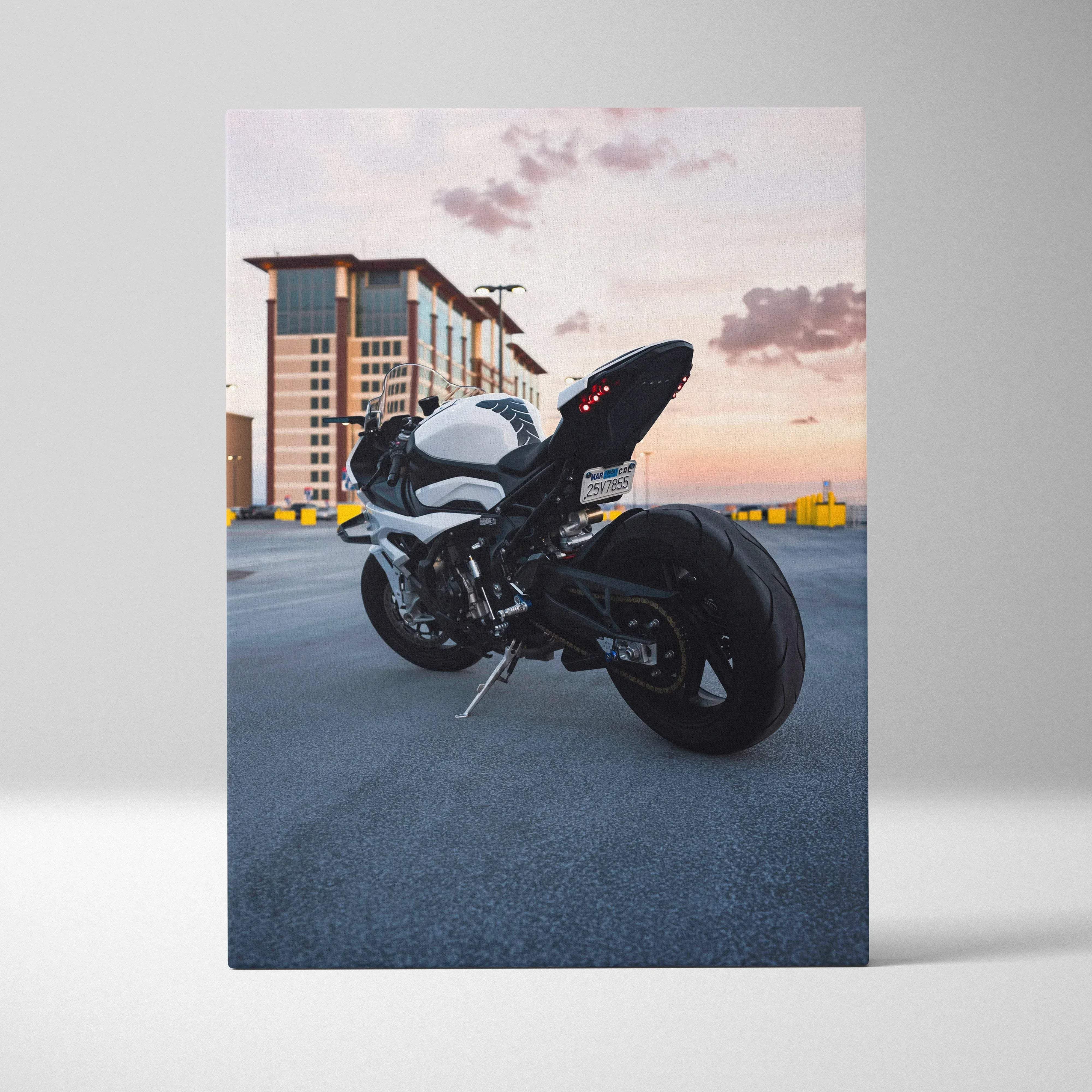 Canvas wall art featuring a white and black BMW inspired S1000RR motorcycle with sleek aerodynamic glossy fairings