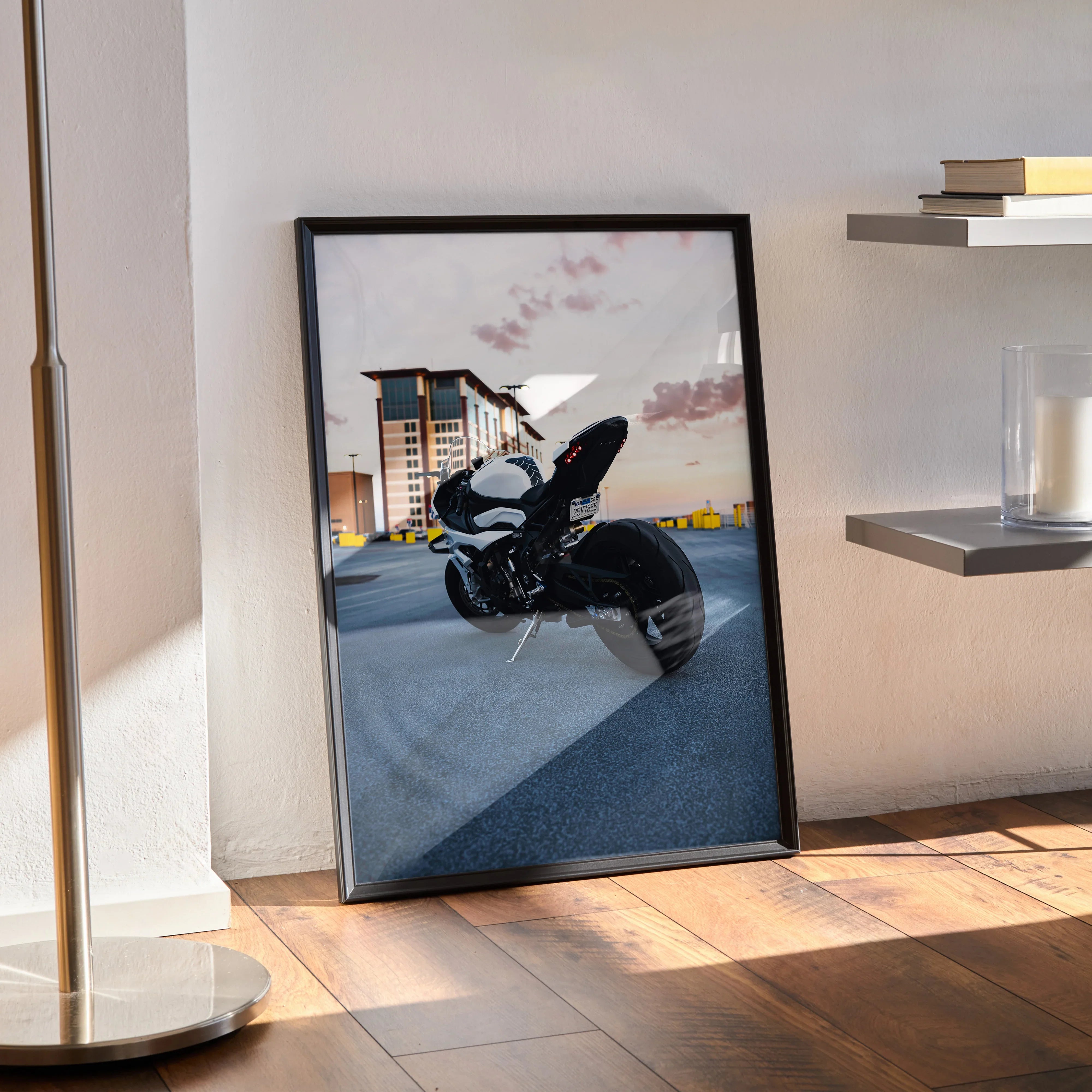 BMW S1000RR motorcycle poster leaning against wall, sunset sky, modern urban setting wall art.