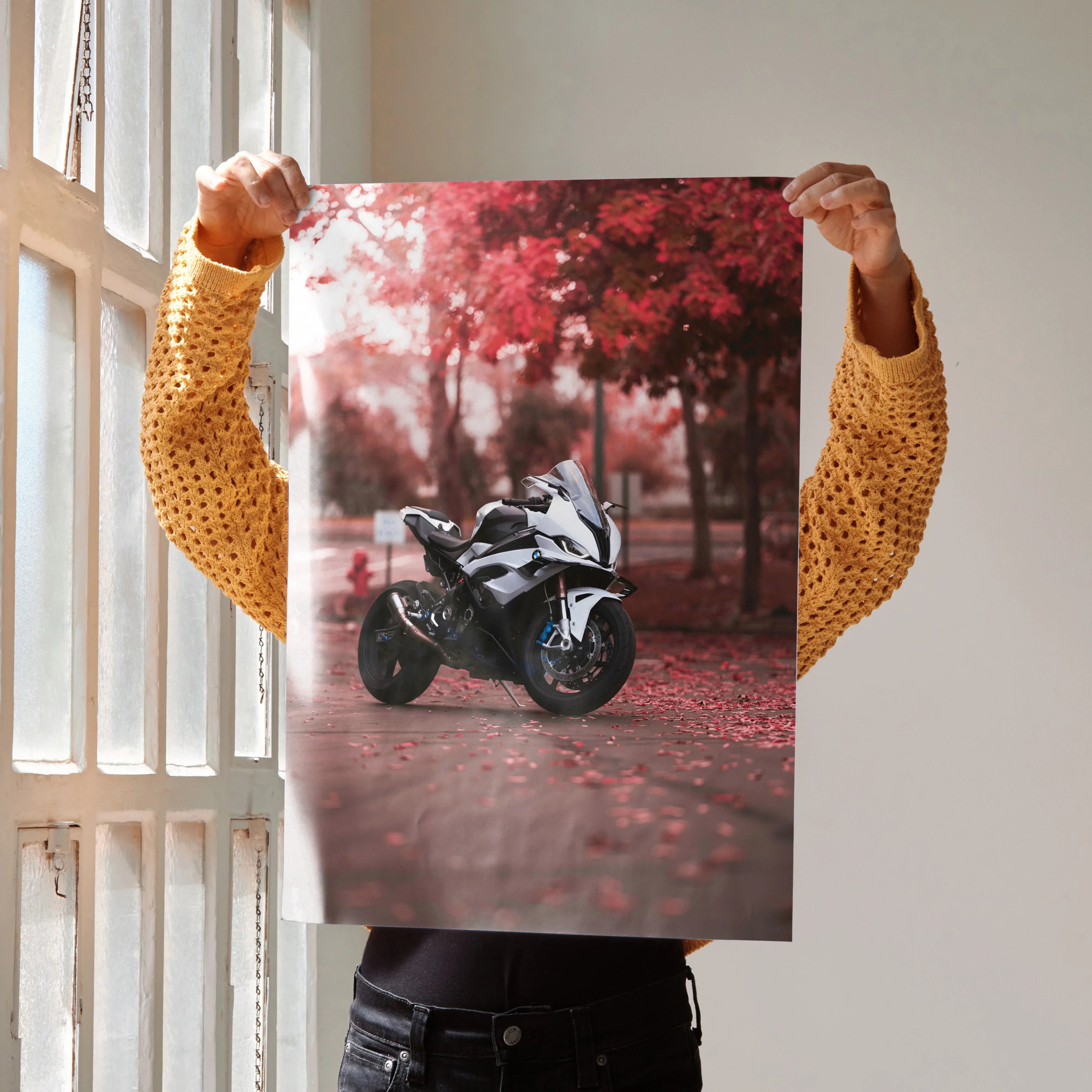 BMW S1000RR motorcycle poster with autumn red leaves background wall art.