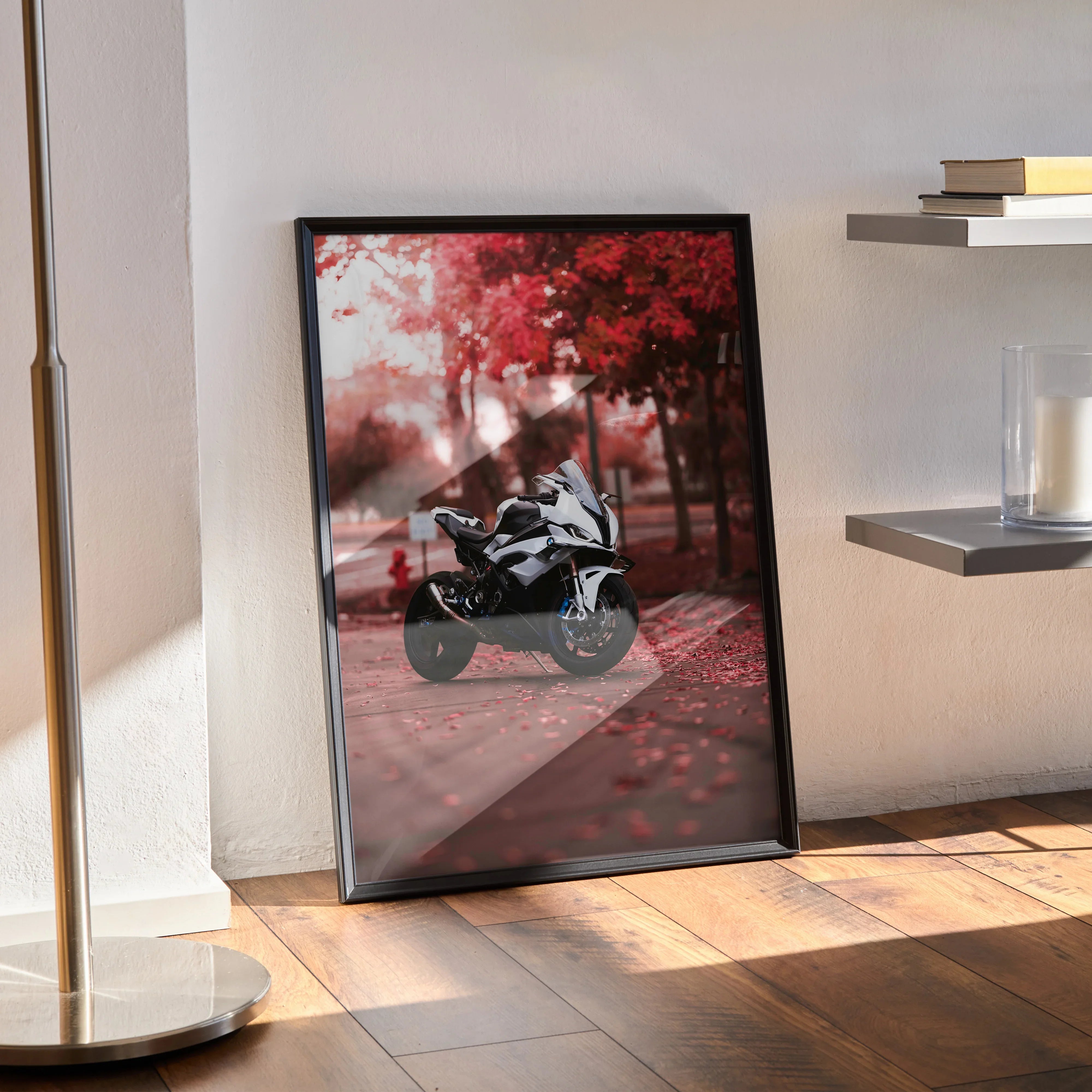 BMW S1000RR motorcycle poster with dynamic red autumn forest background wall art in black frame.