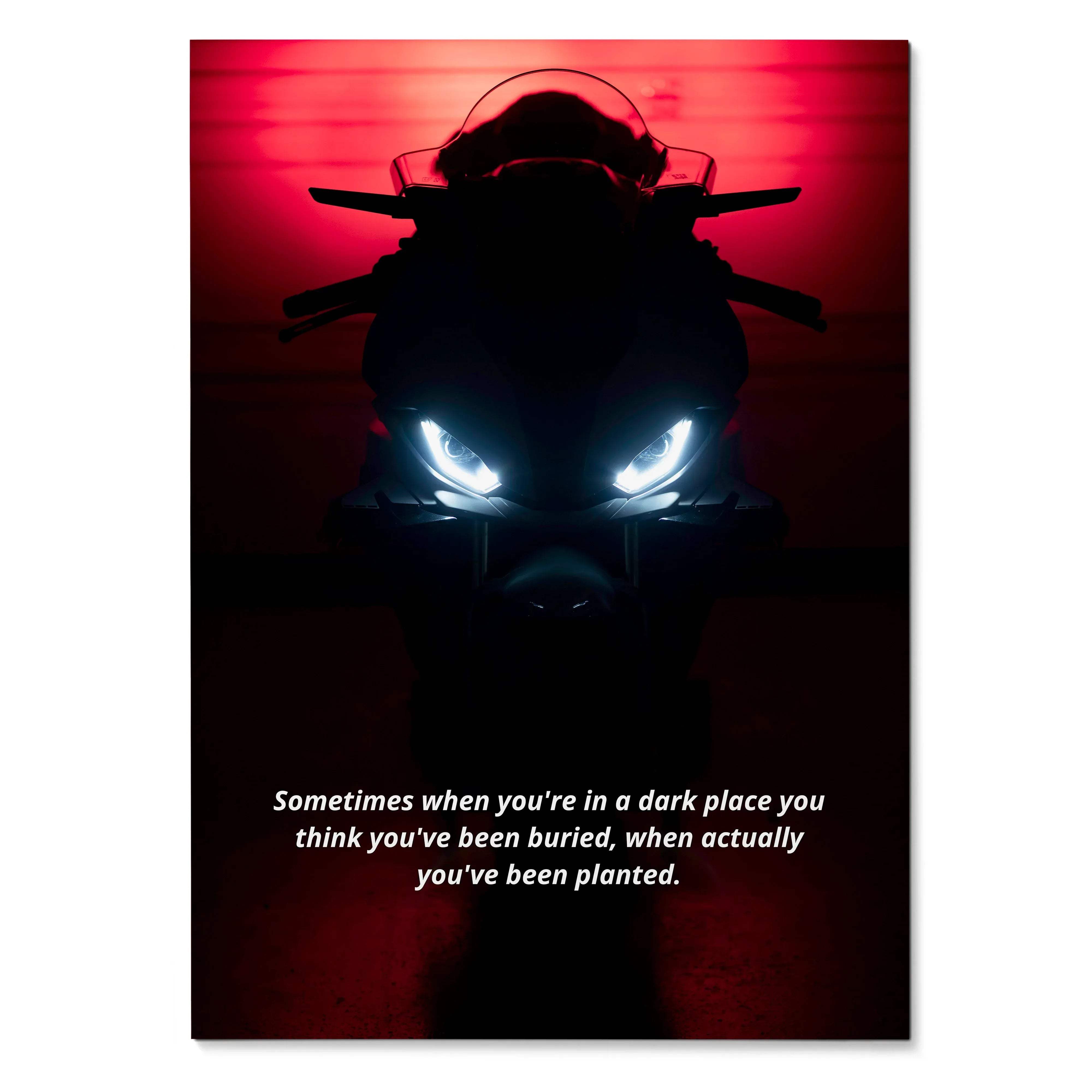 BMW S1000RR motorcycle silhouette with glowing headlights and motivational quote poster wall art.