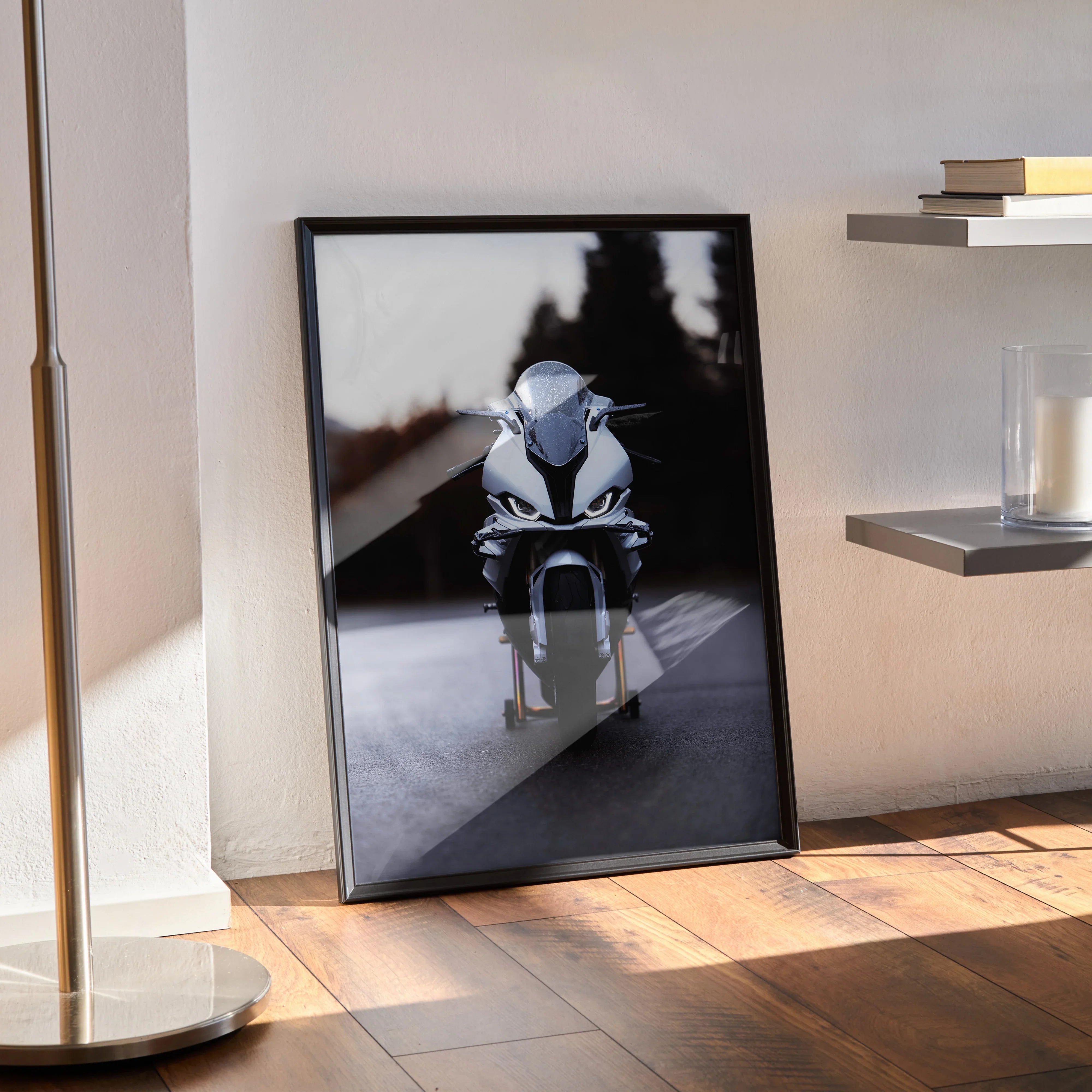 BMW S1000RR motorcycle poster with dynamic frontal view, sleek black wall art in modern black frame.