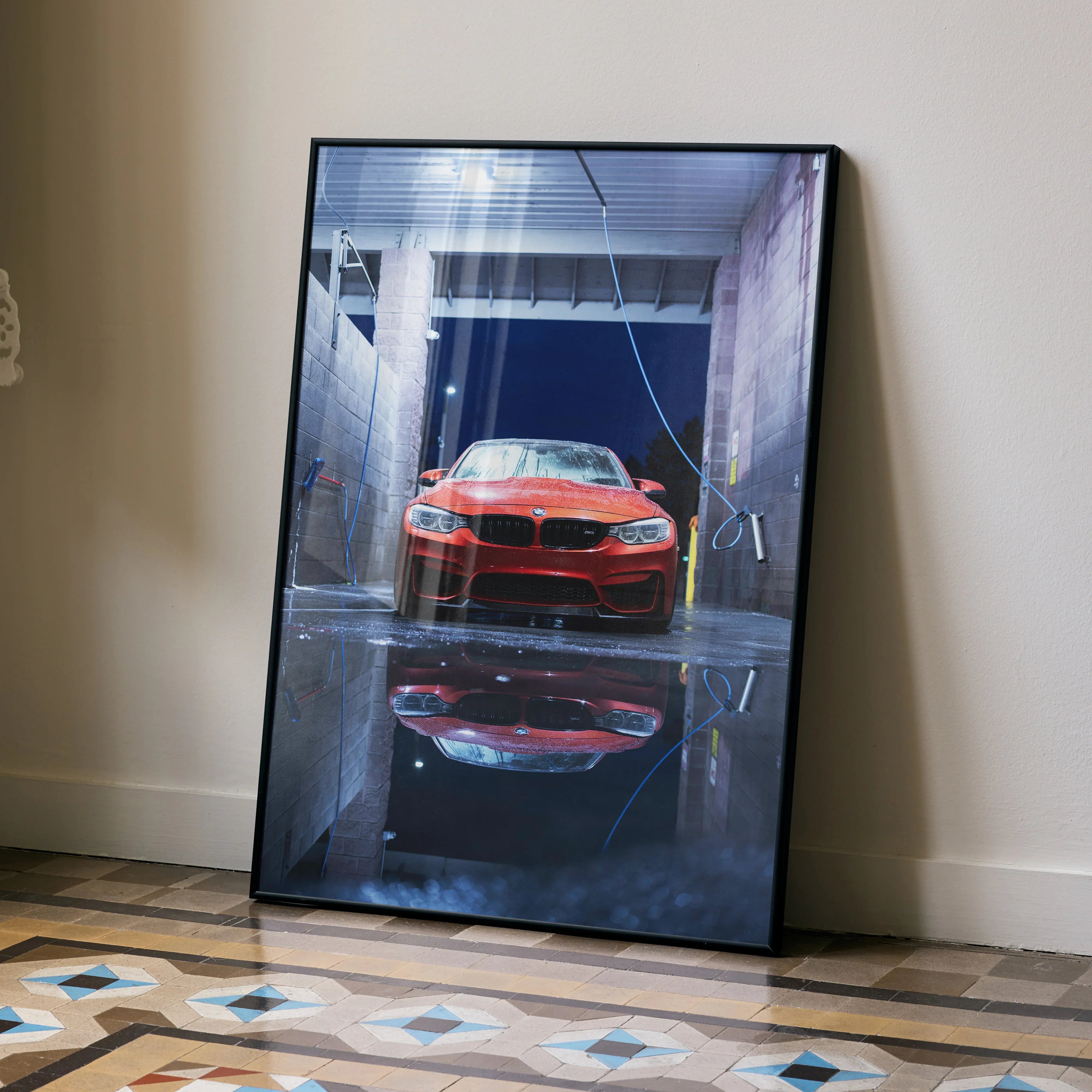 BMW F80 M3 red car poster with reflection, modern automotive wall art in black frame.