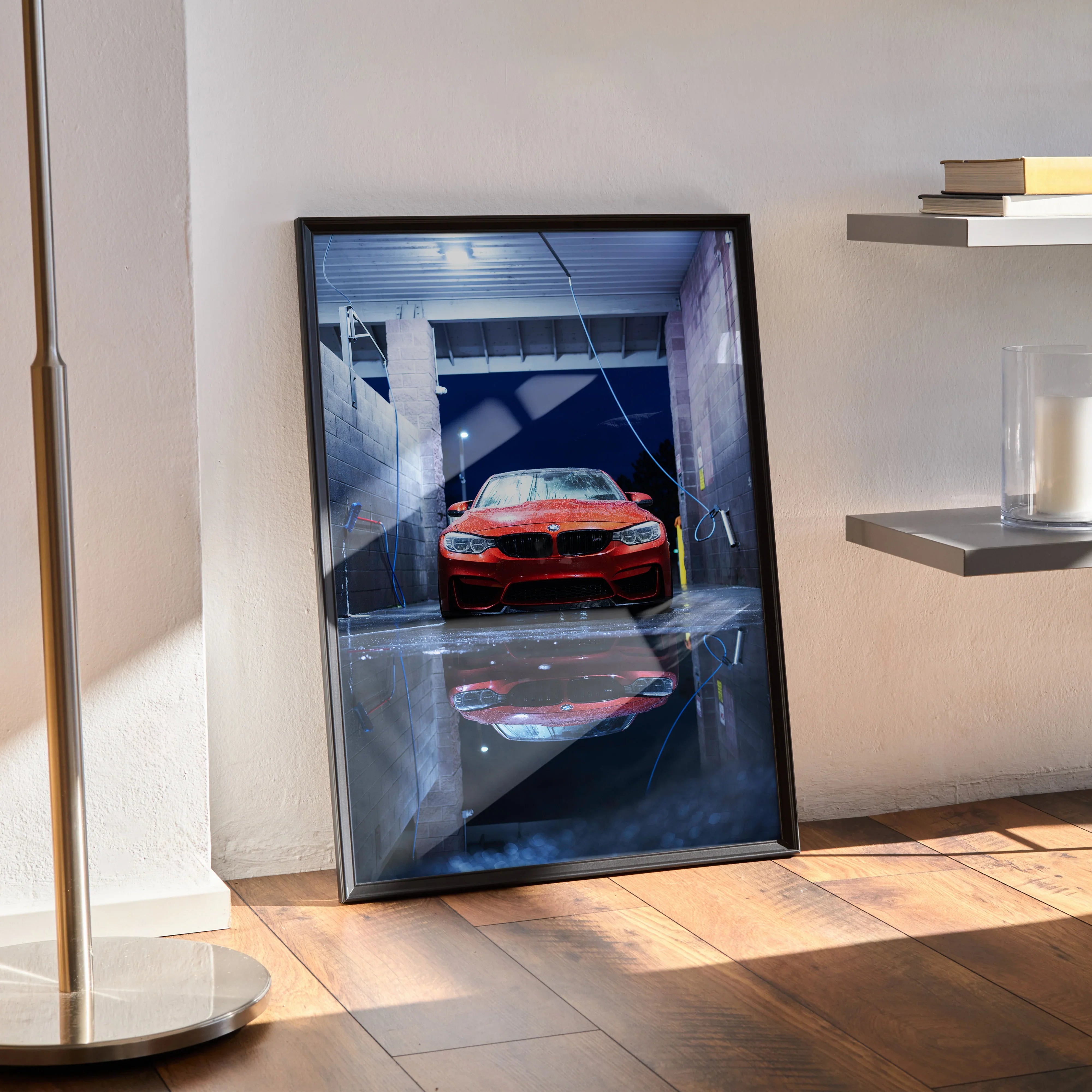 BMW F80 M3 red sports car poster with glossy finish, black frame wall art on wood floor.