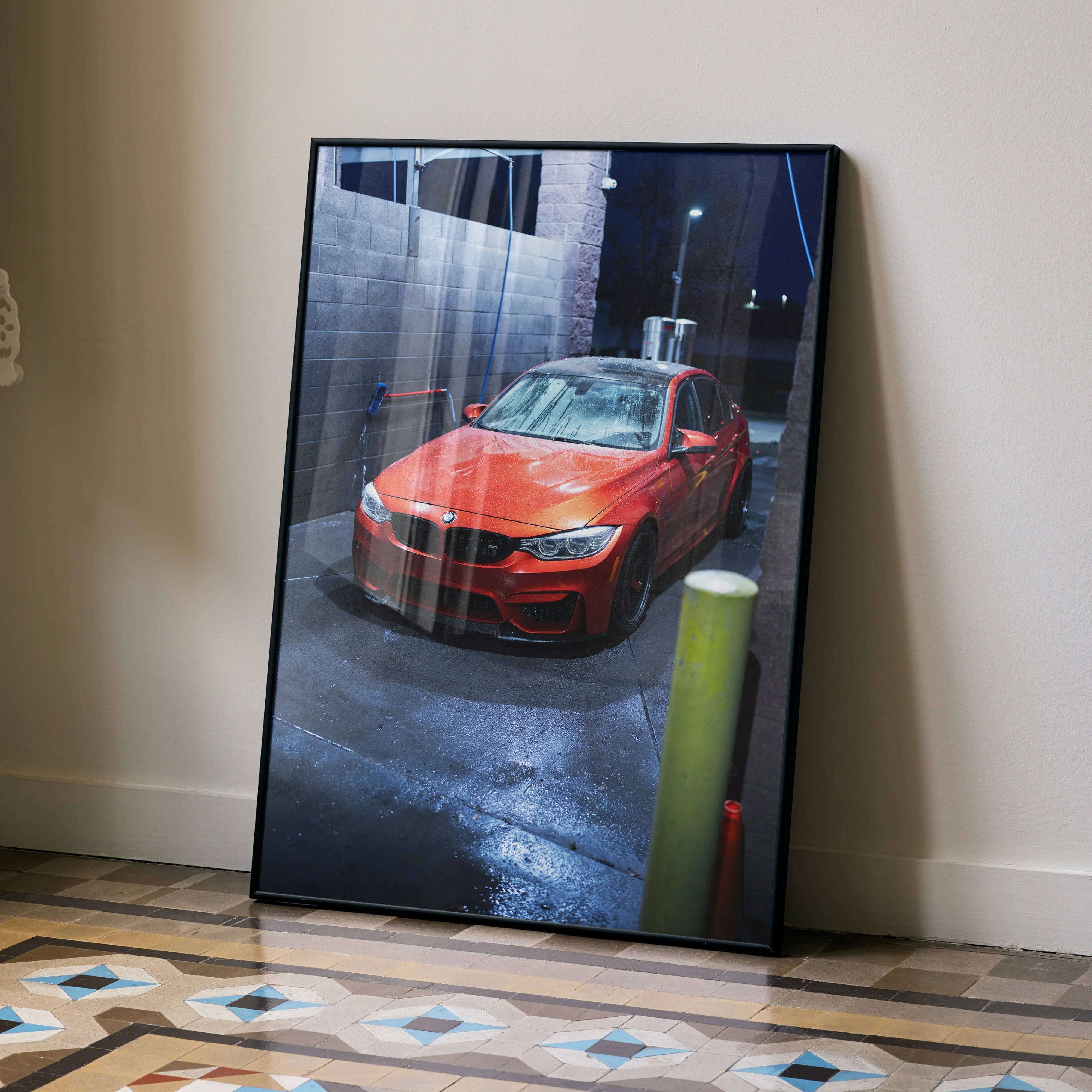 BMW F80 M3 red sports car poster leaning against wall, premium wall art decor.