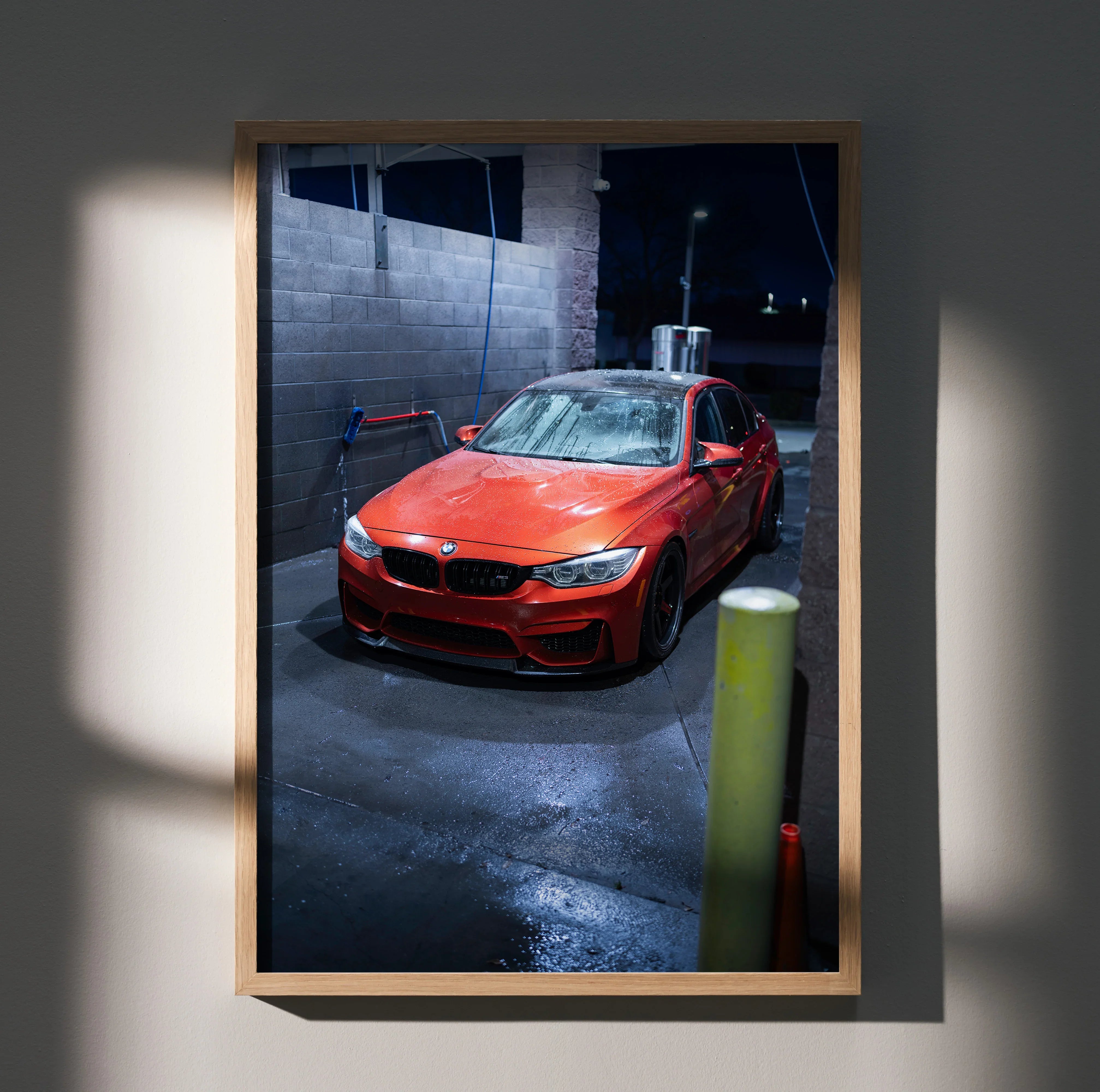 BMW F80 M3 red sports car poster with dark urban garage background, premium wall art.