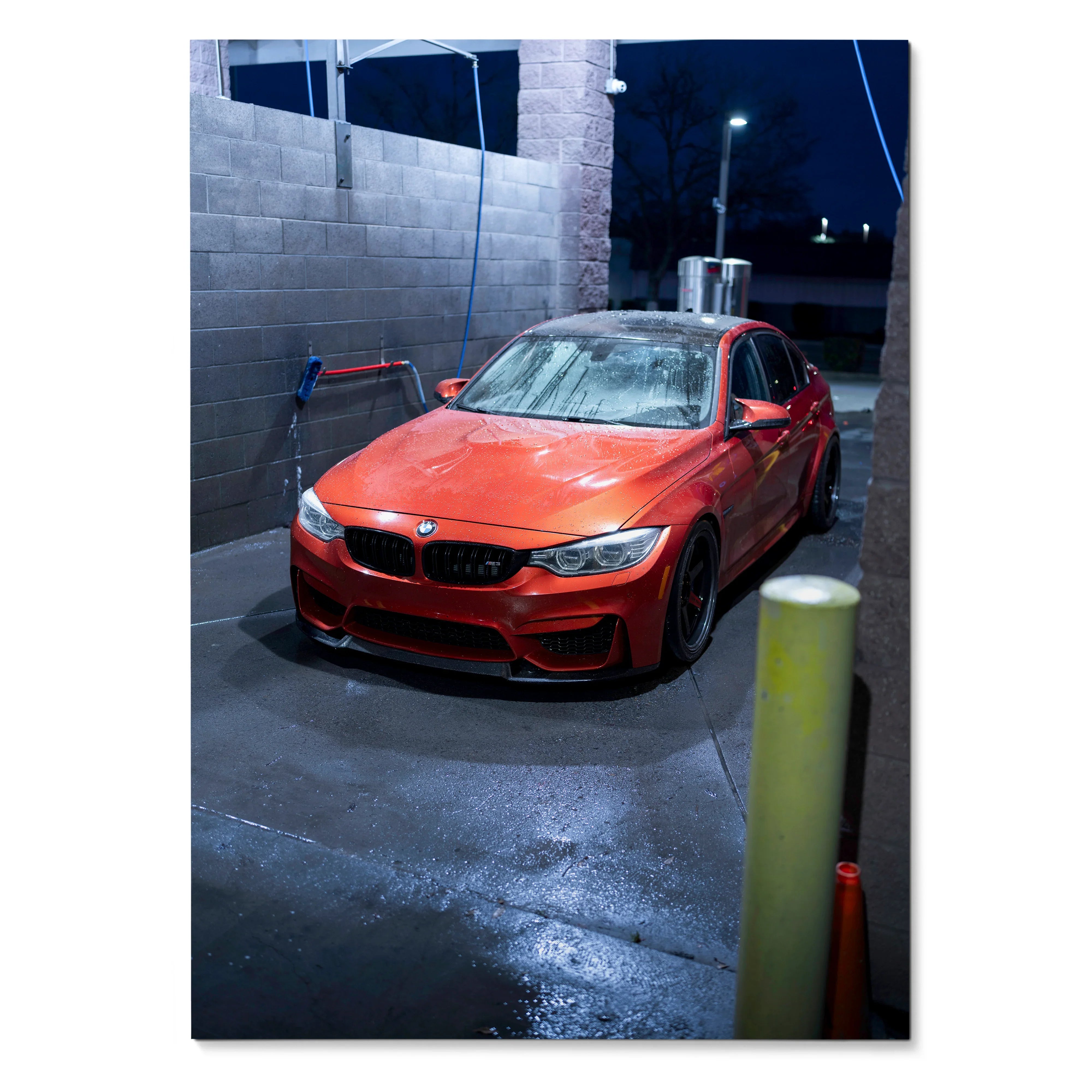 Red BMW F80 M3 parked in a dimly lit alleyway poster wall art.