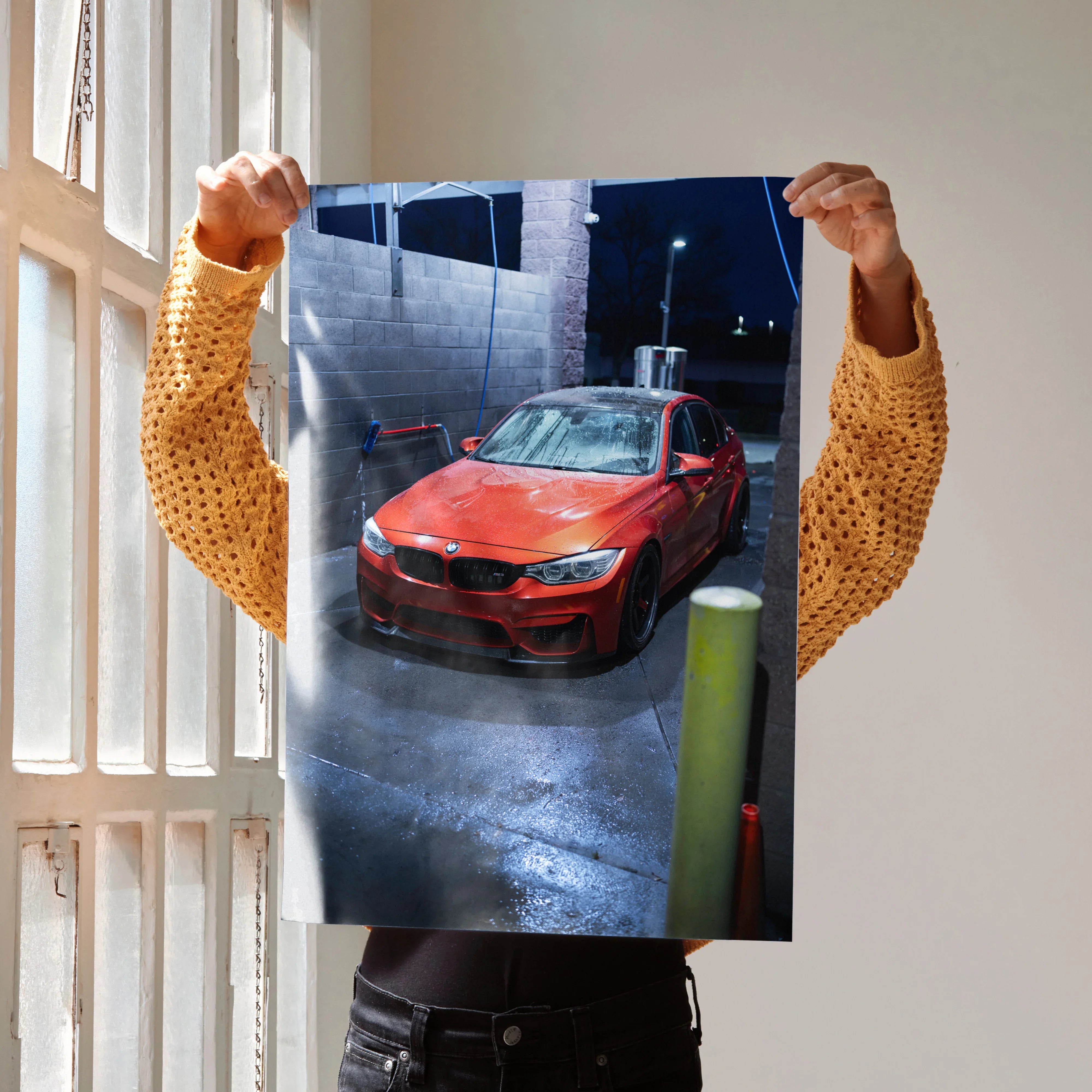 Red BMW F80 M3 parked at night under blue lighting, automotive poster wall art.
