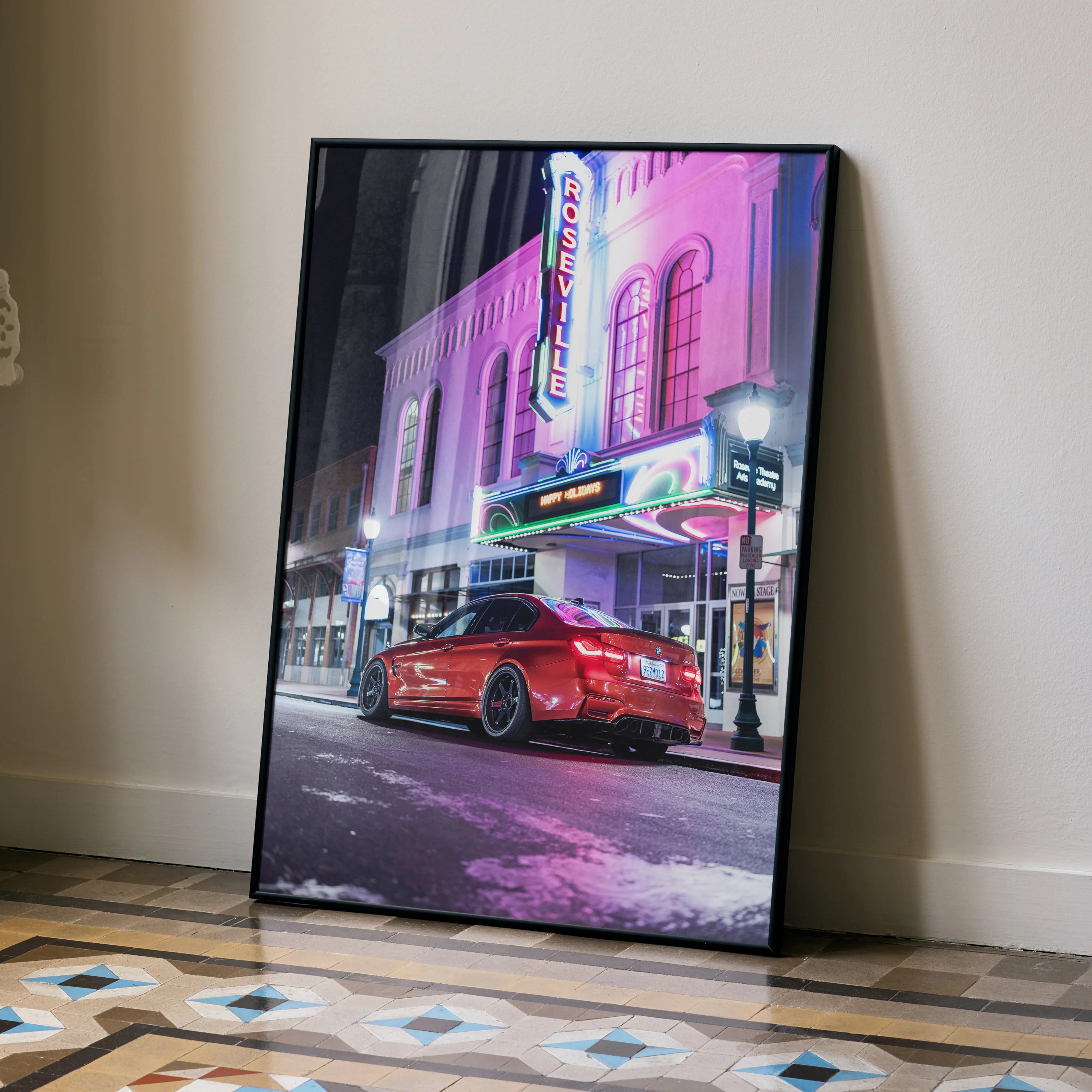BMW F80 M3 car parked under pink and purple neon lights poster, automotive wall art in black frame.