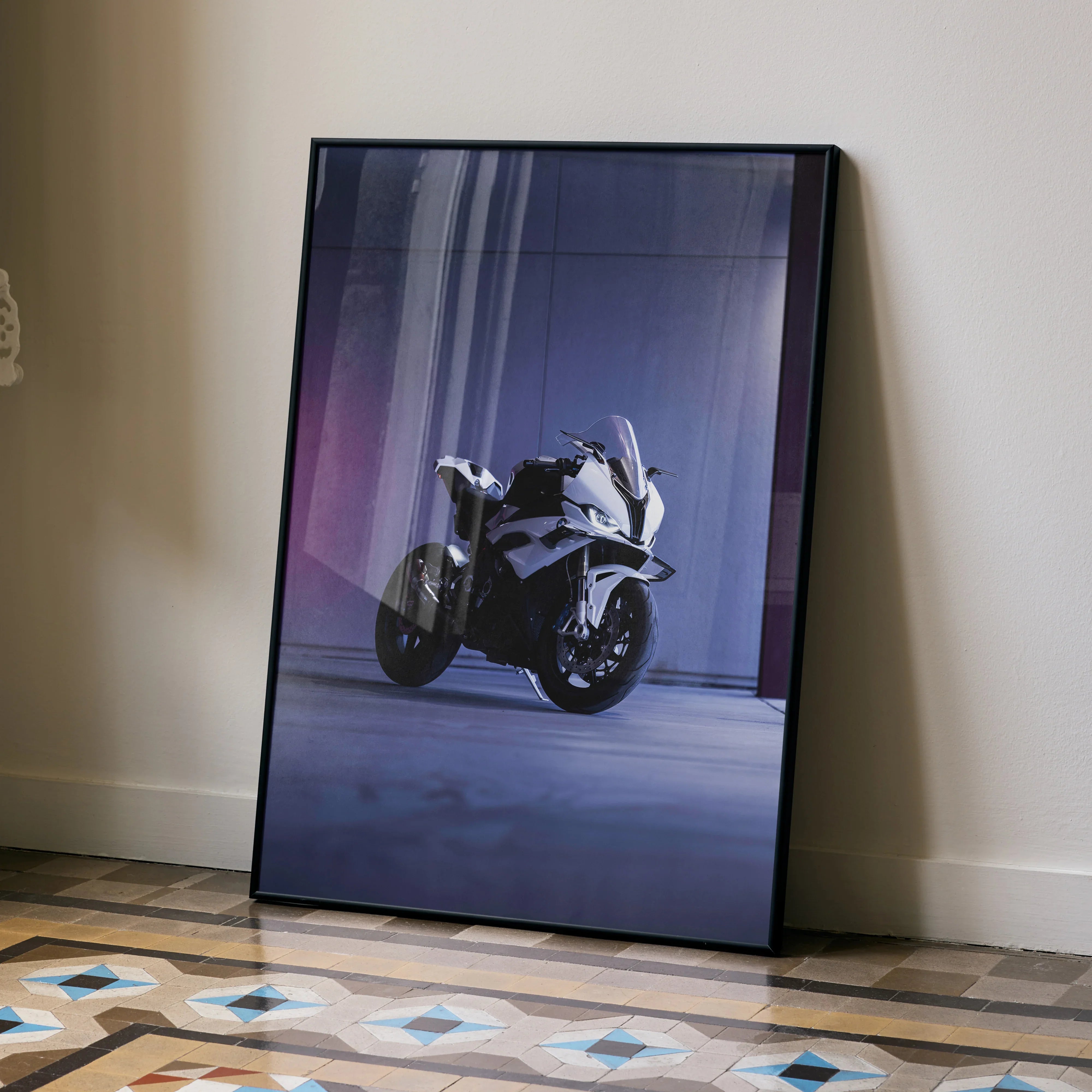 BMW S1000RR motorcycle poster with sleek design, displayed as modern wall art in black frame.