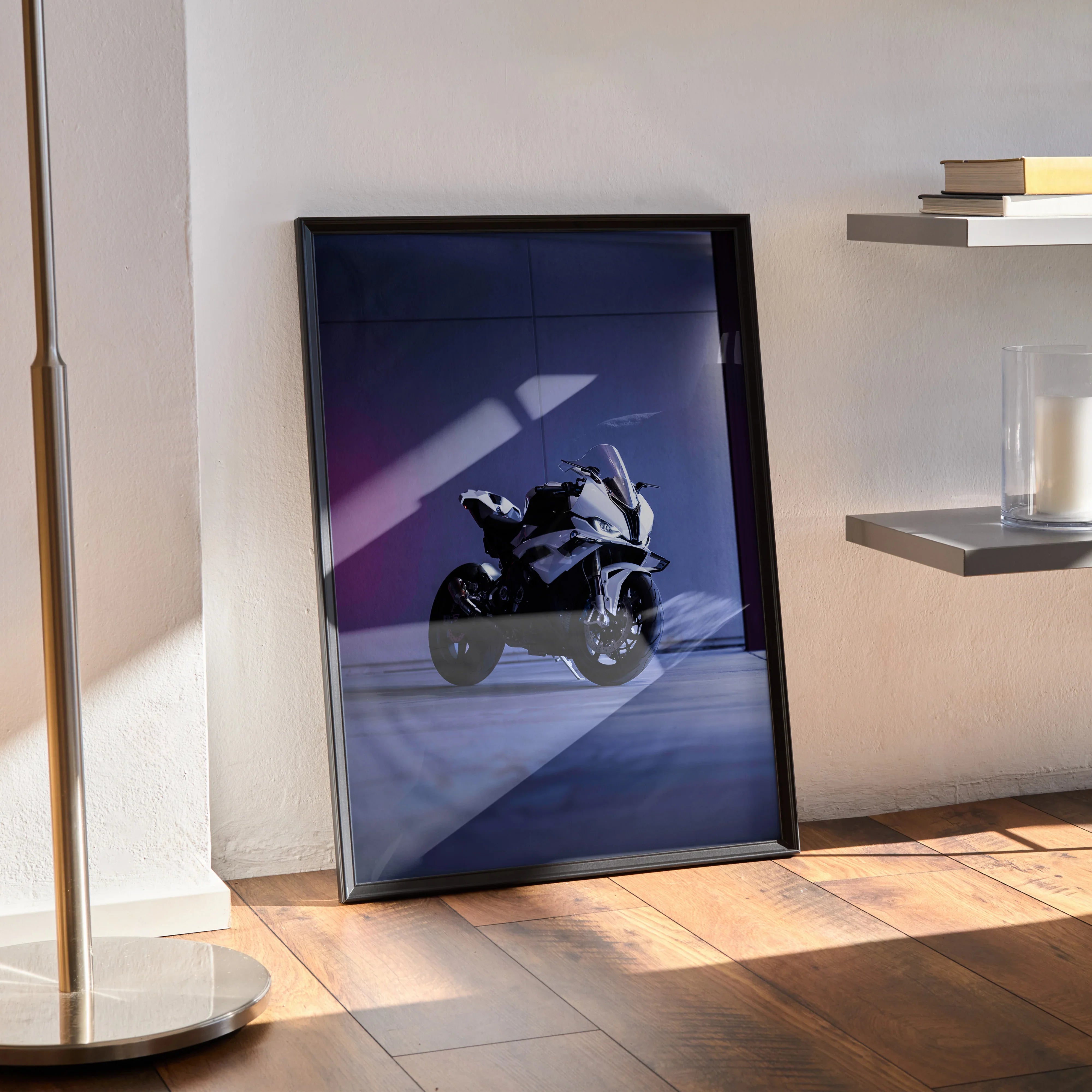BMW S1000RR motorcycle poster with dark minimalist silhouette, framed wall art in modern room setting.