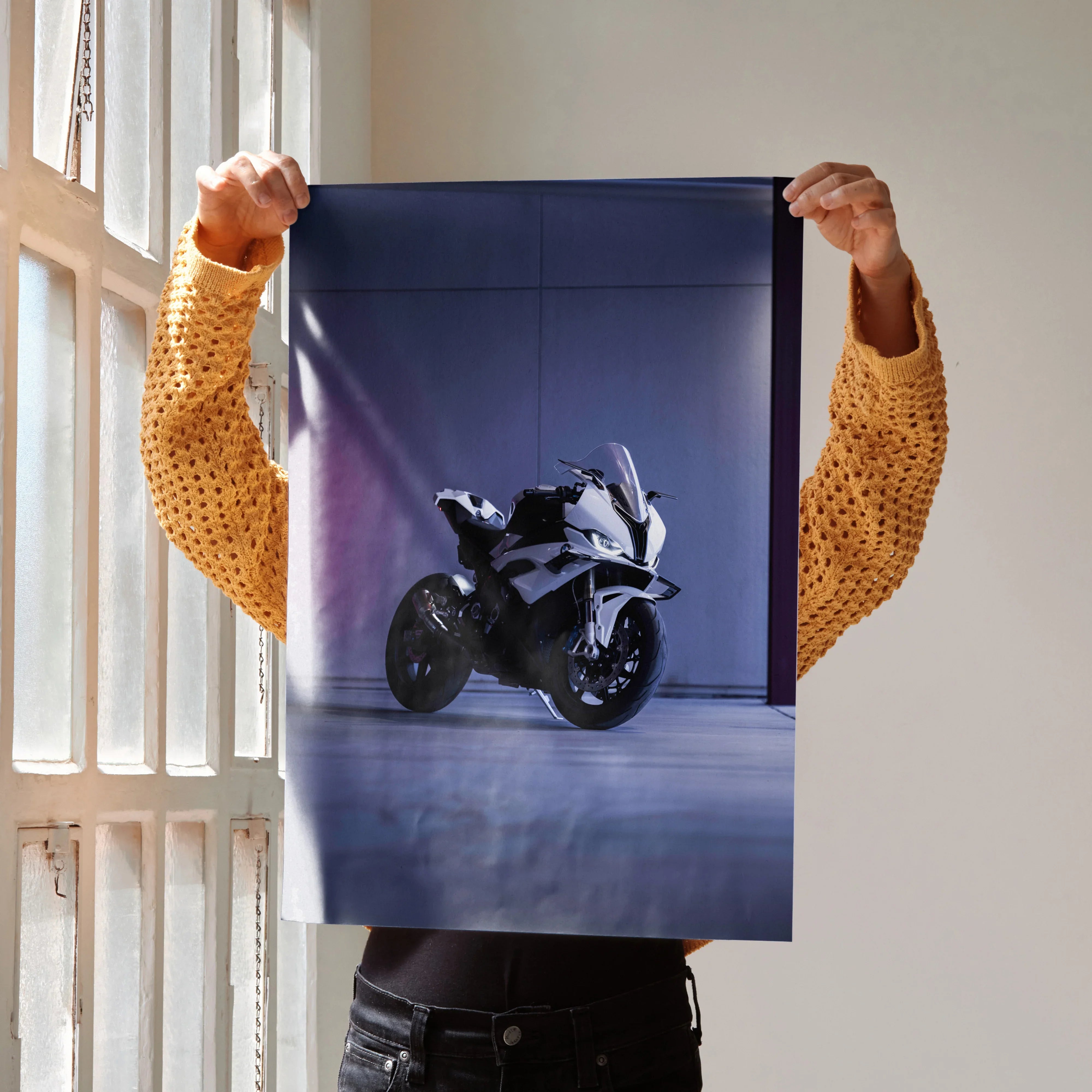BMW S1000RR motorcycle poster with dark blue industrial background wall art.