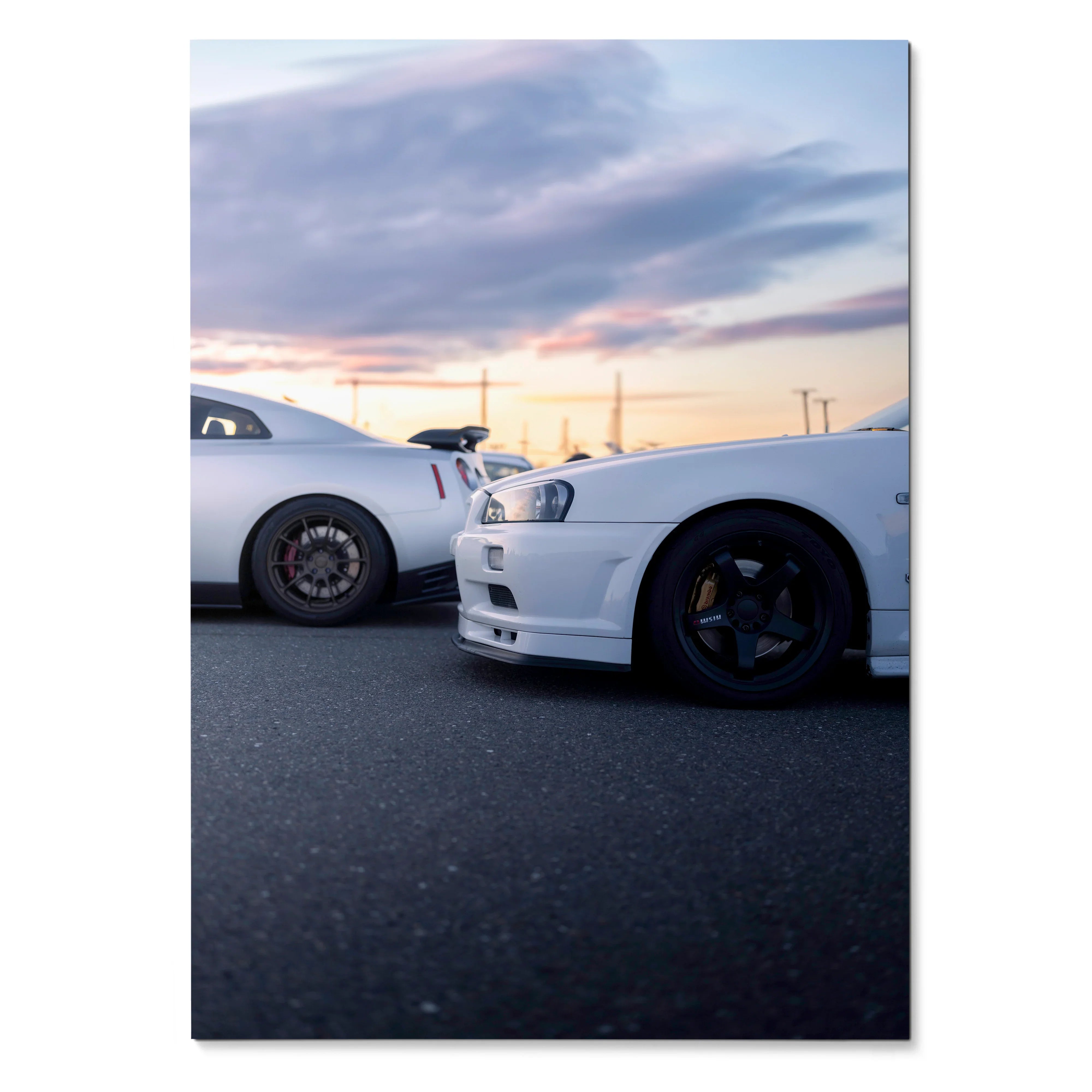 White Nissan GTR R34 Skyline poster with sunset sky background, automotive wall art.