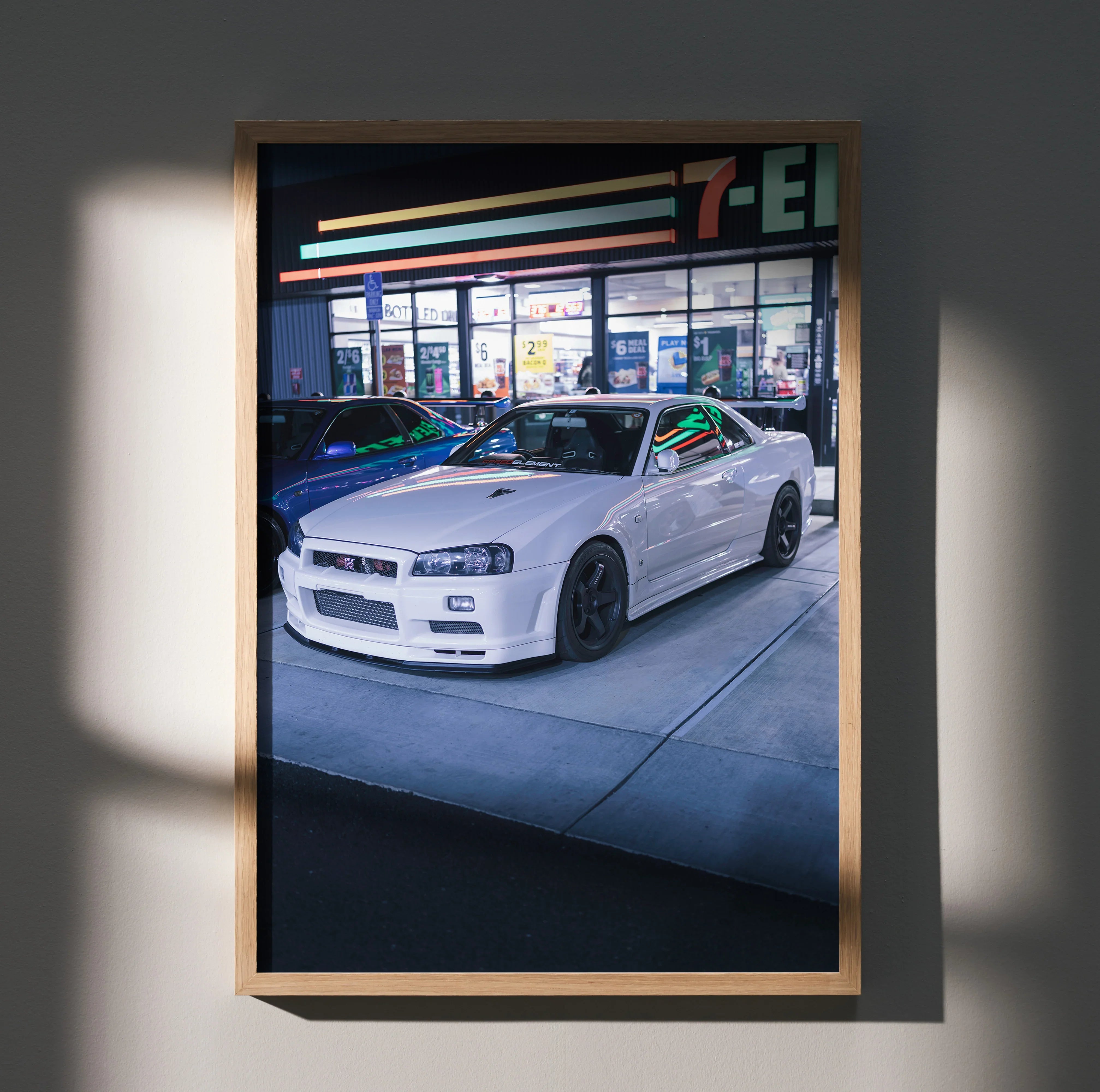 Nissan GTR R34 Skyline white sports car poster framed premium wall art.