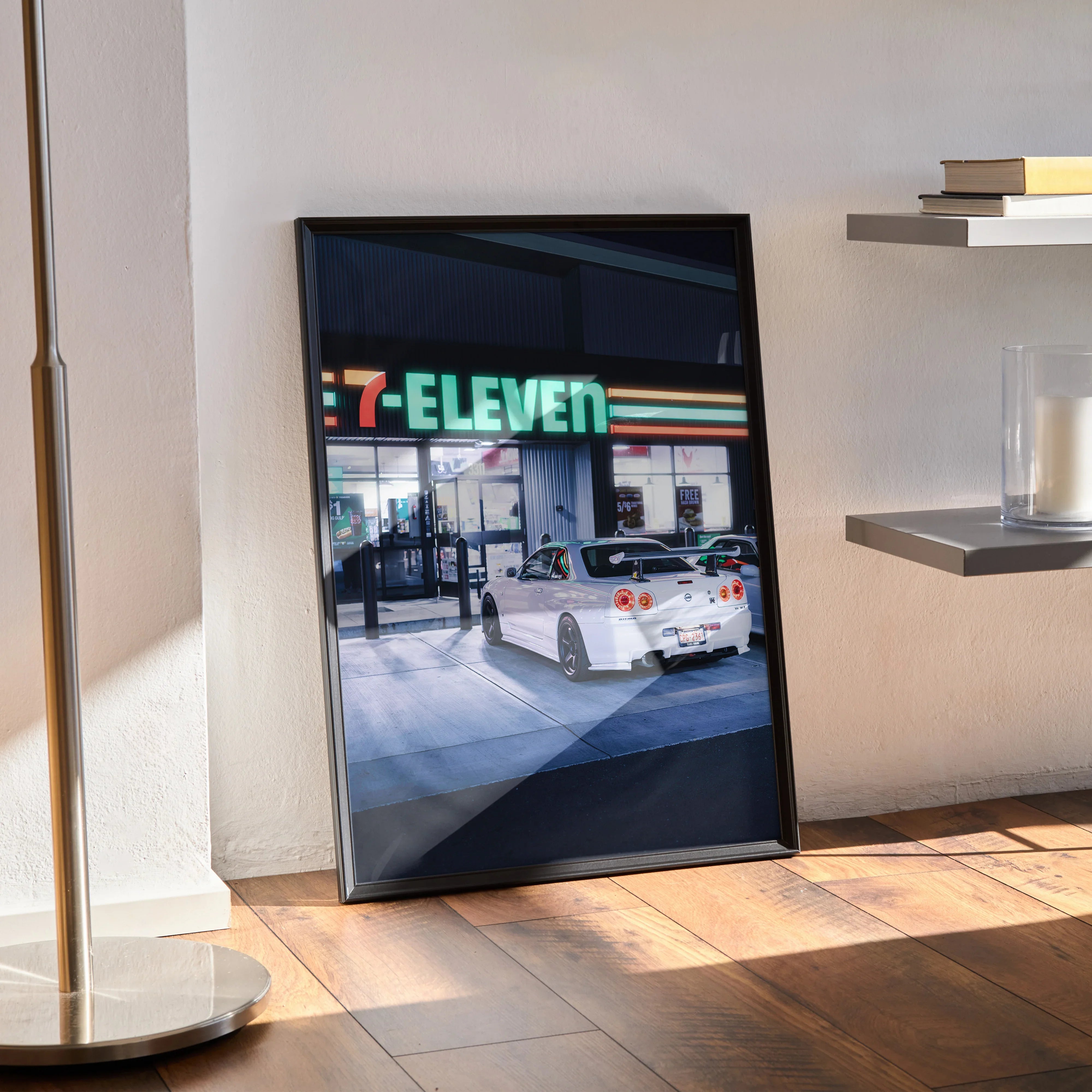 Nissan GTR R34 Skyline JDM poster with detailed nighttime urban scene, vibrant 7-Eleven signage, premium wall art in black.