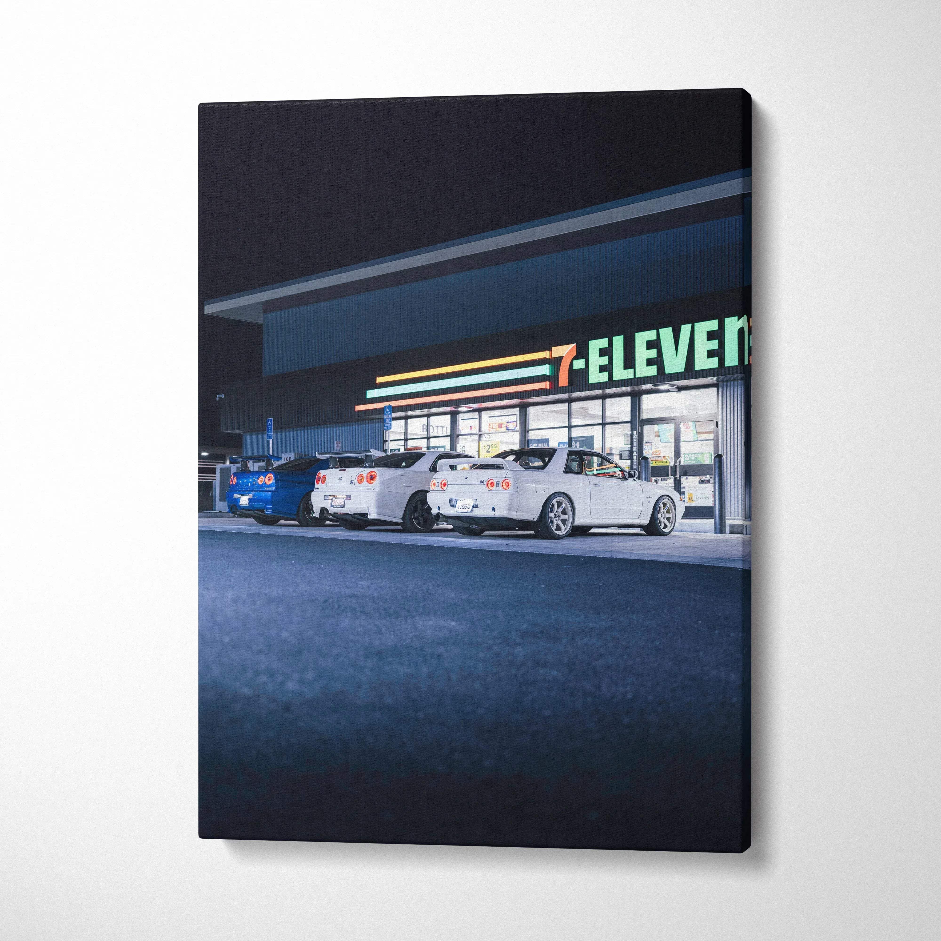 Nissan GTR R34 Skyline at night outside 7-Eleven store vertical canvas wall art.