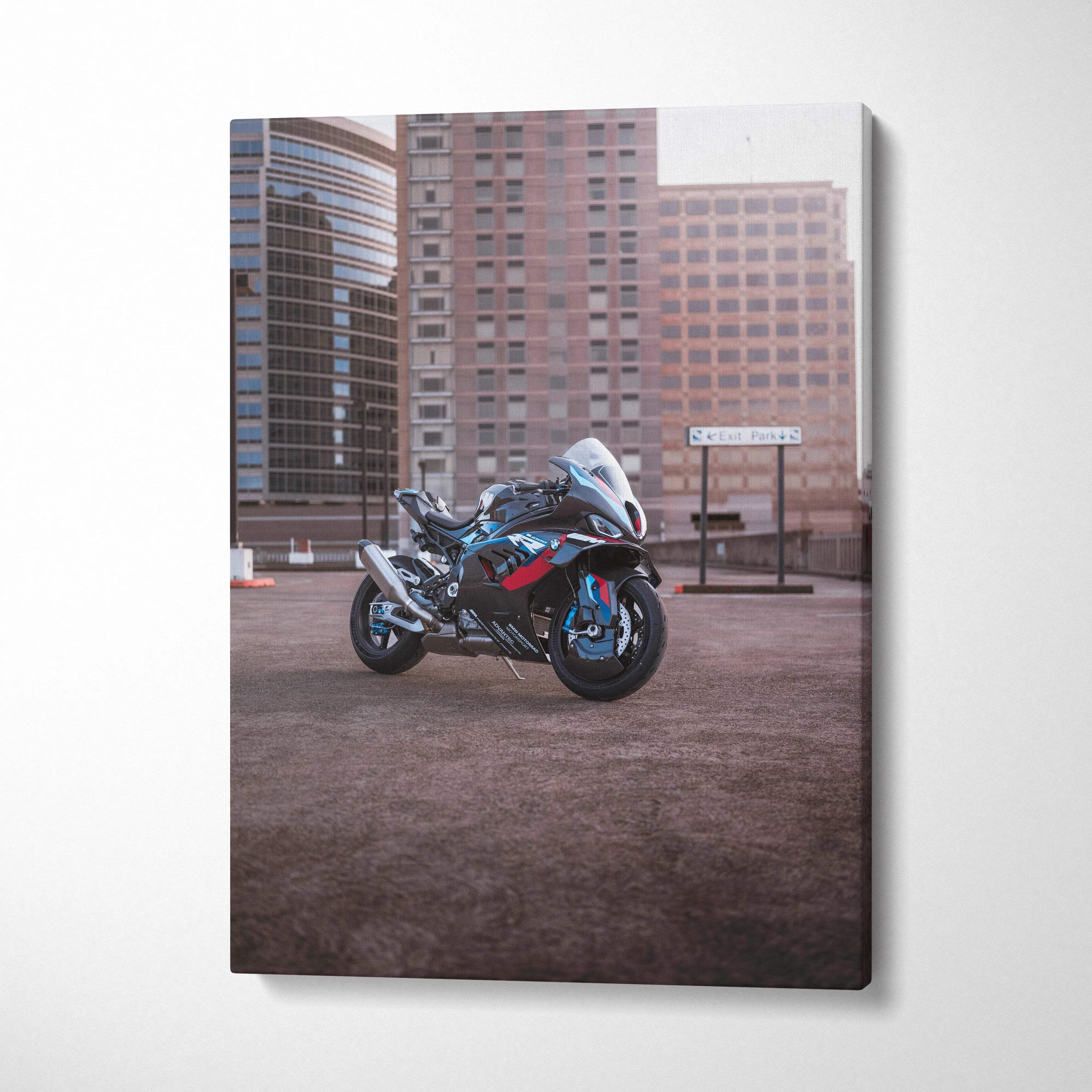 BMW M1000RR motorcycle canvas art with urban cityscape background, vertical wall art print.