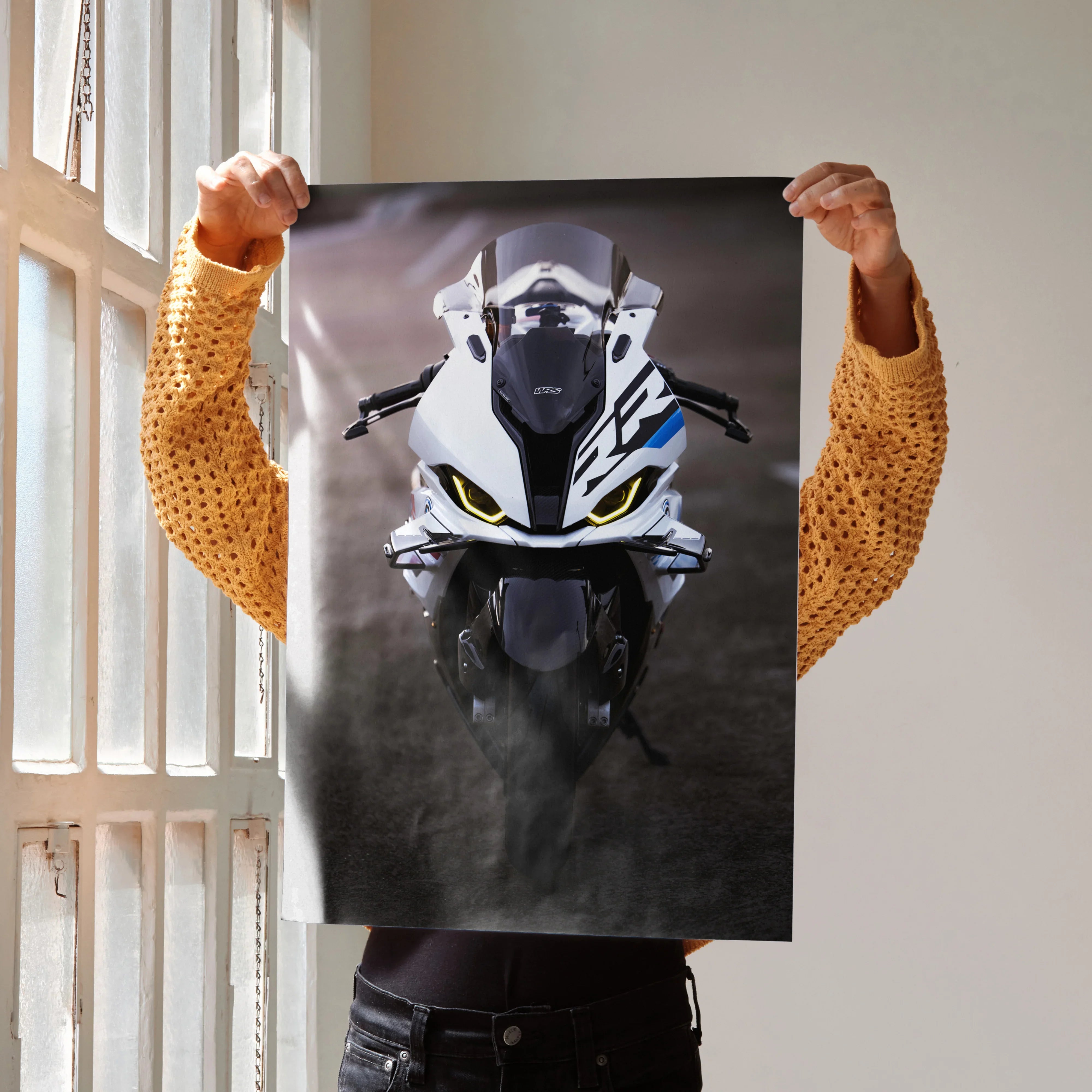 BMW S1000RR Drag Spec motorcycle poster with smoky dark background wall art.