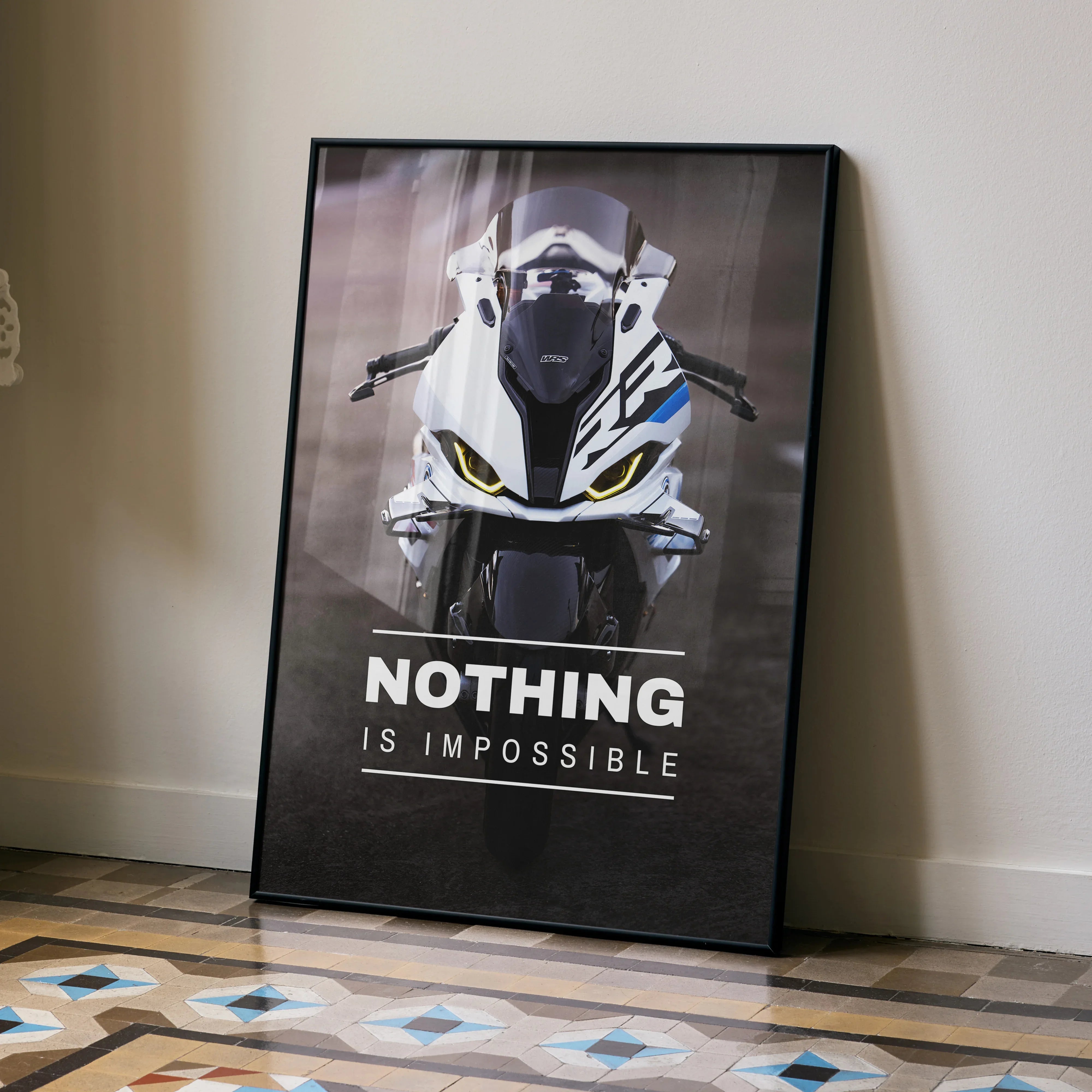 BMW S1000RR Drag Spec motorcycle poster with motivational "Nothing Is Impossible" text wall art in black frame.