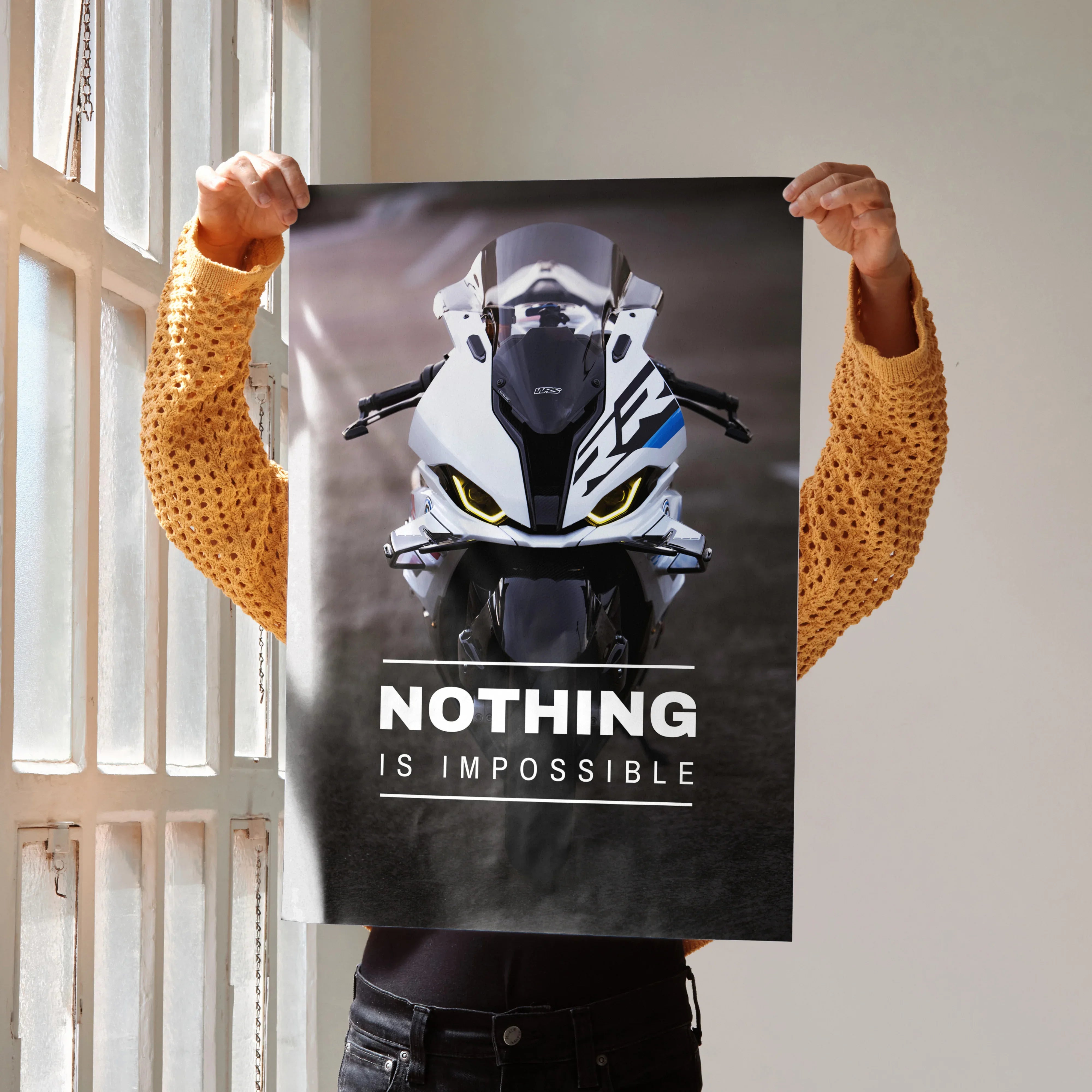 Motivational poster wall art featuring front view of BMW S1000RR drag spec motorcycle with "Nothing Is Impossible" text on.