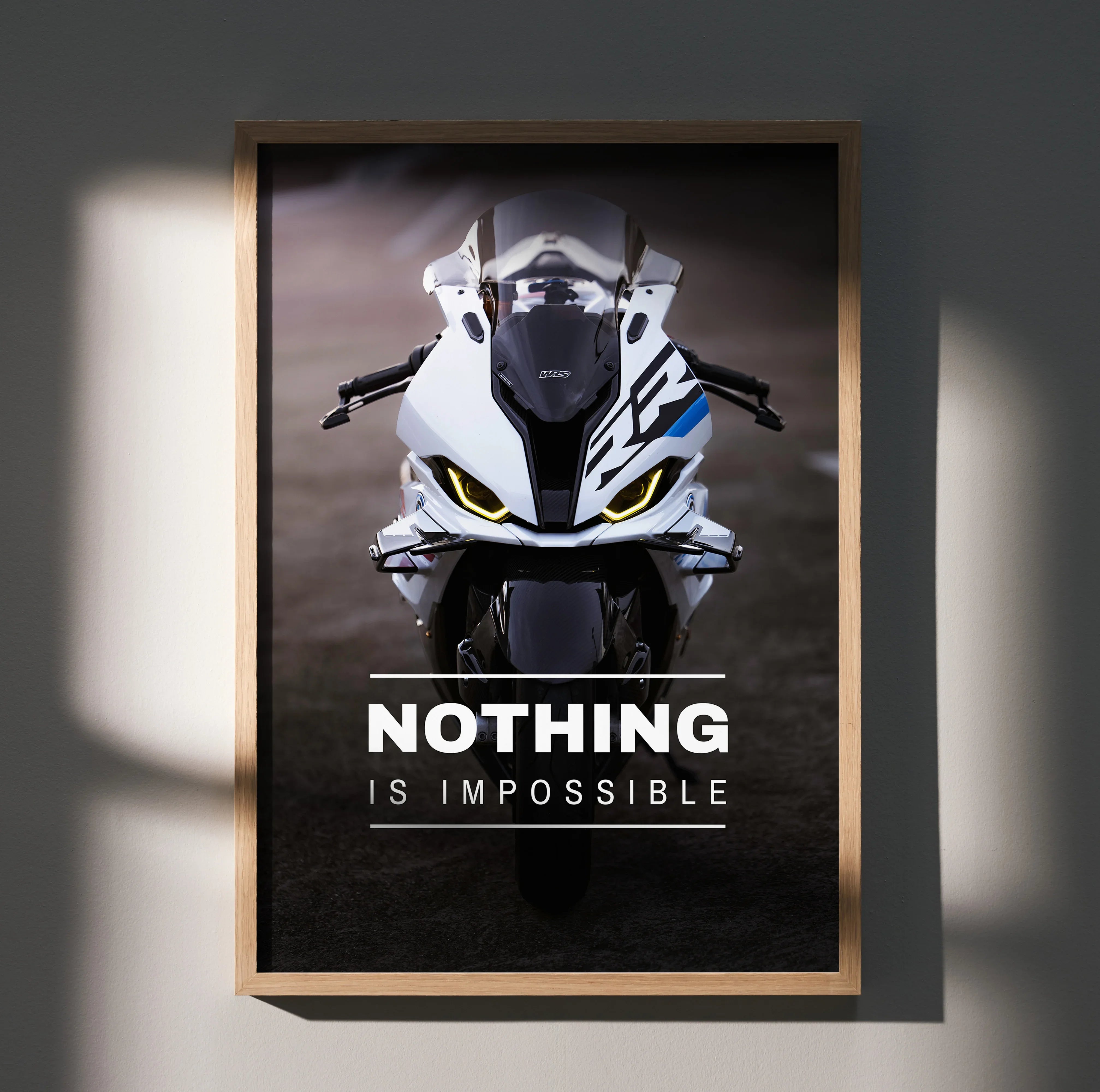 BMW S1000RR Drag Spec motorcycle front view motivational poster wall art with "Nothing Is Impossible" text.
