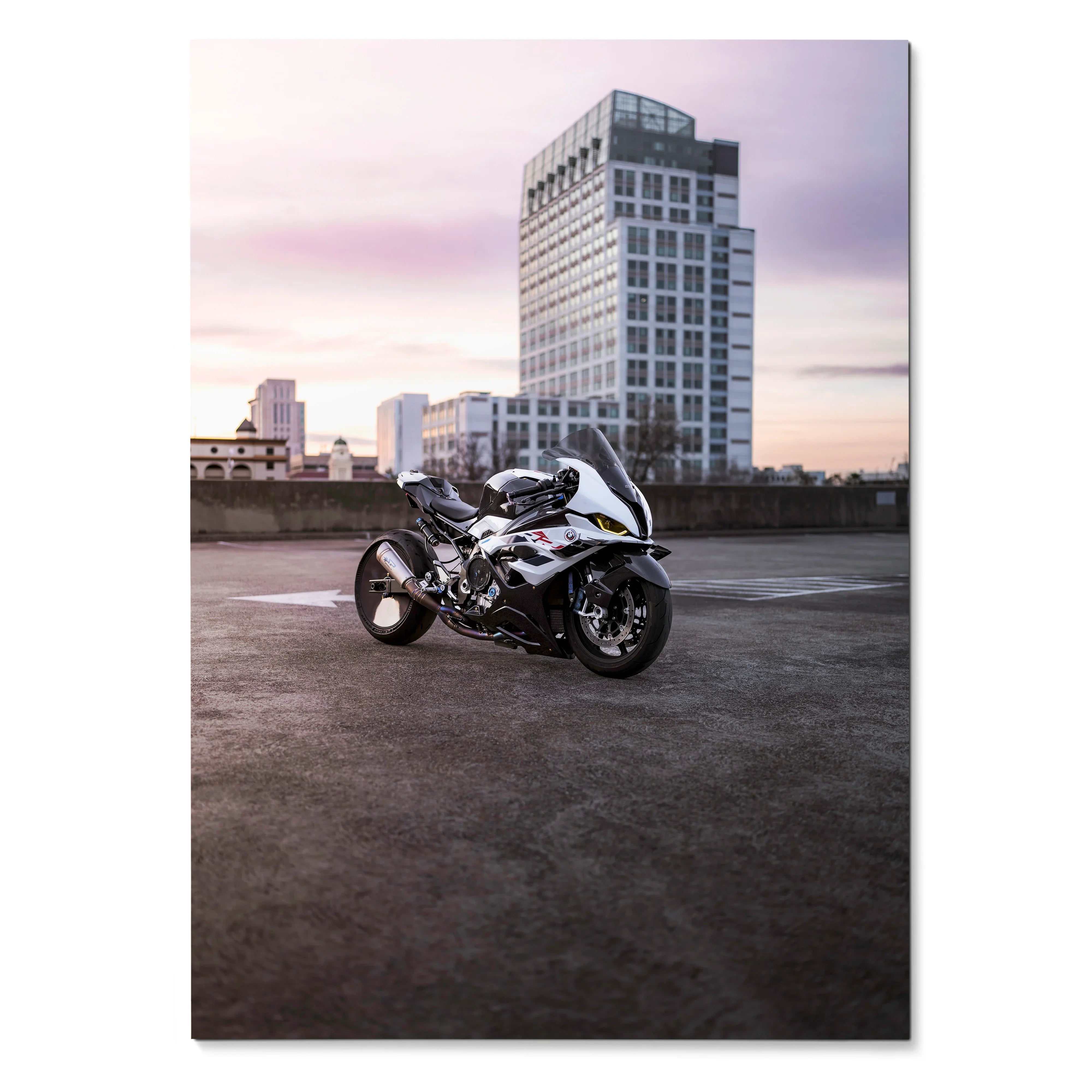BMW S1000RR Drag Spec motorcycle poster with urban skyline backdrop wall art.