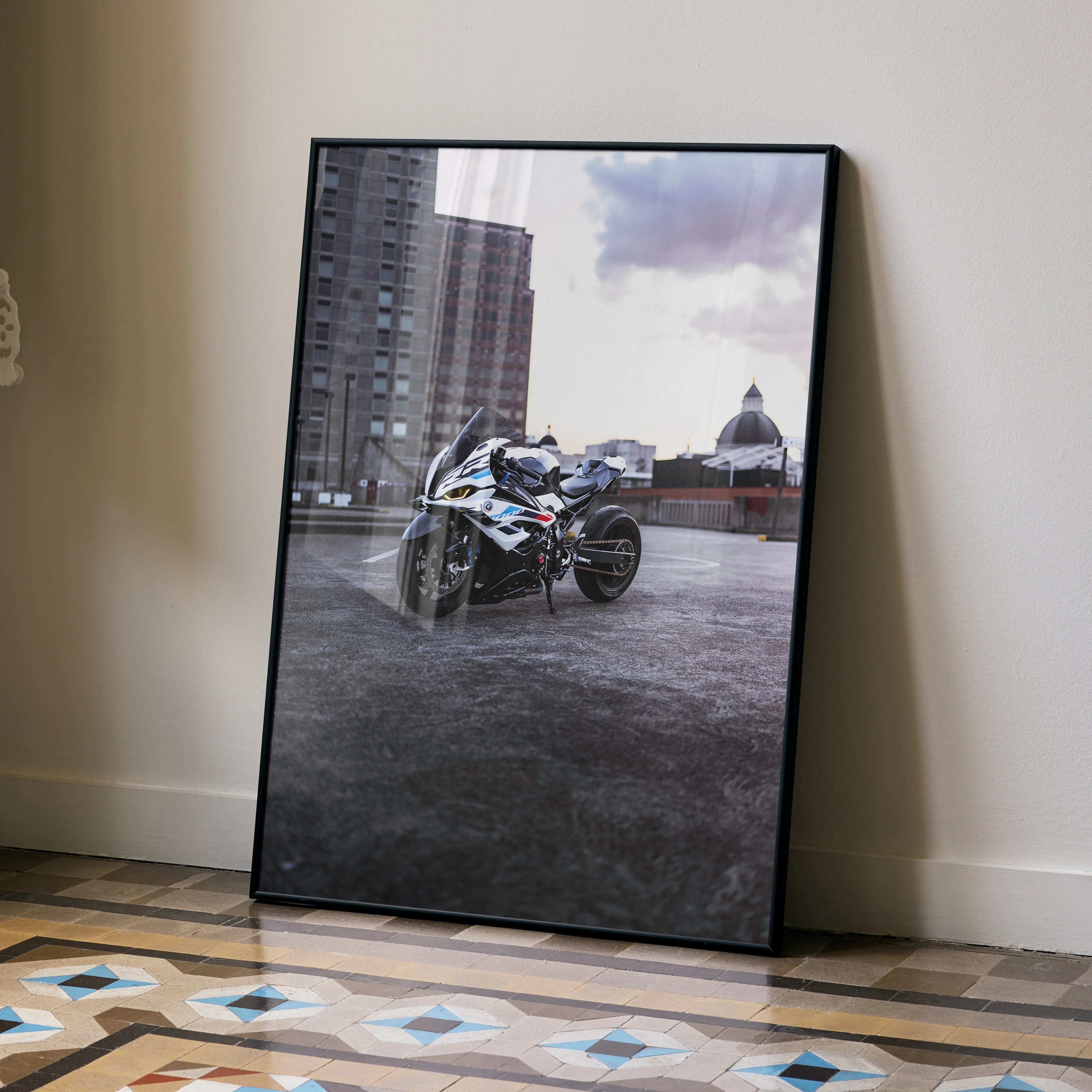 BMW S1000RR 007 Drag Spec motorcycle poster with urban rooftop and sunset wall art.