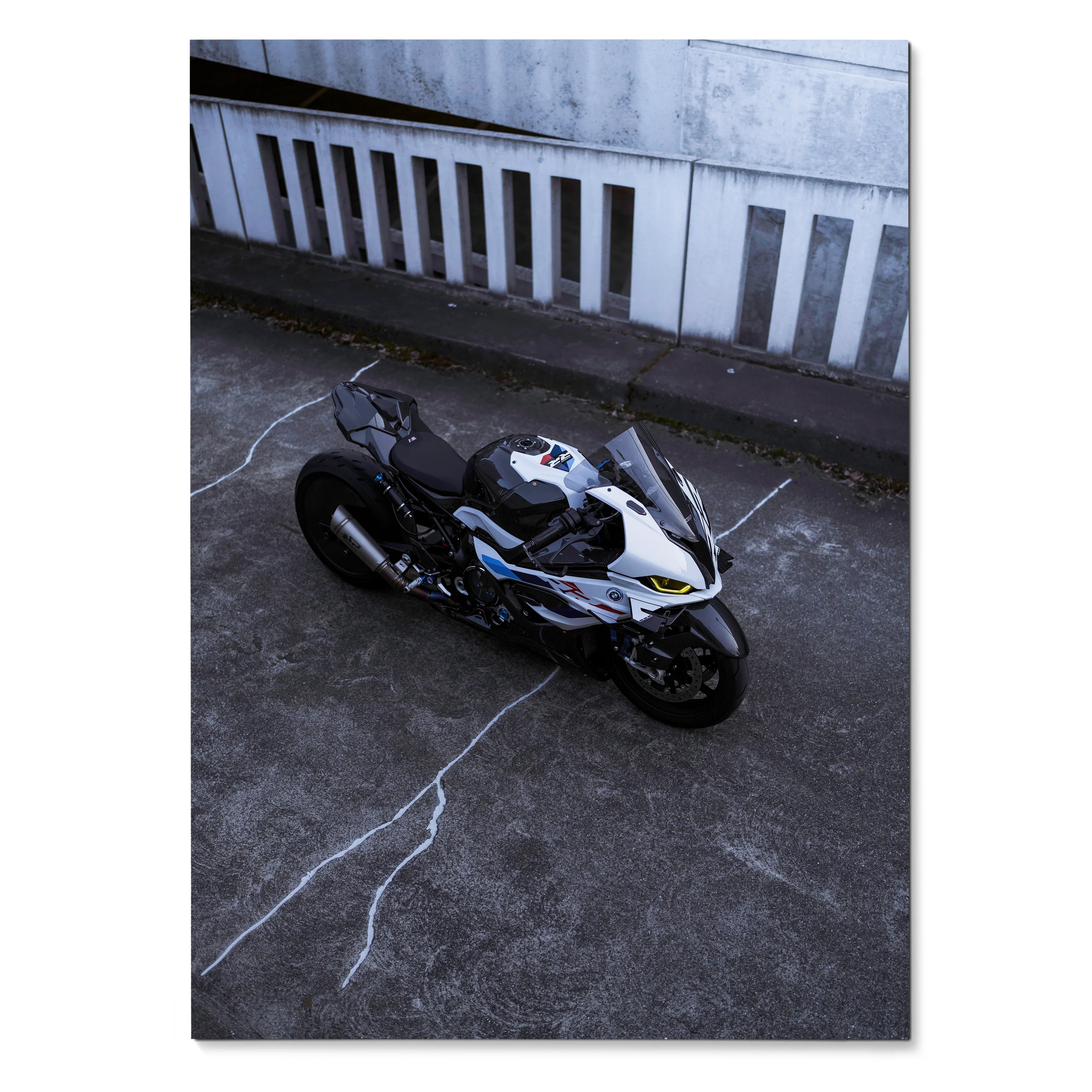 BMW S1000RR 011 Drag Spec motorcycle poster with sleek black and white sportbike wall art.