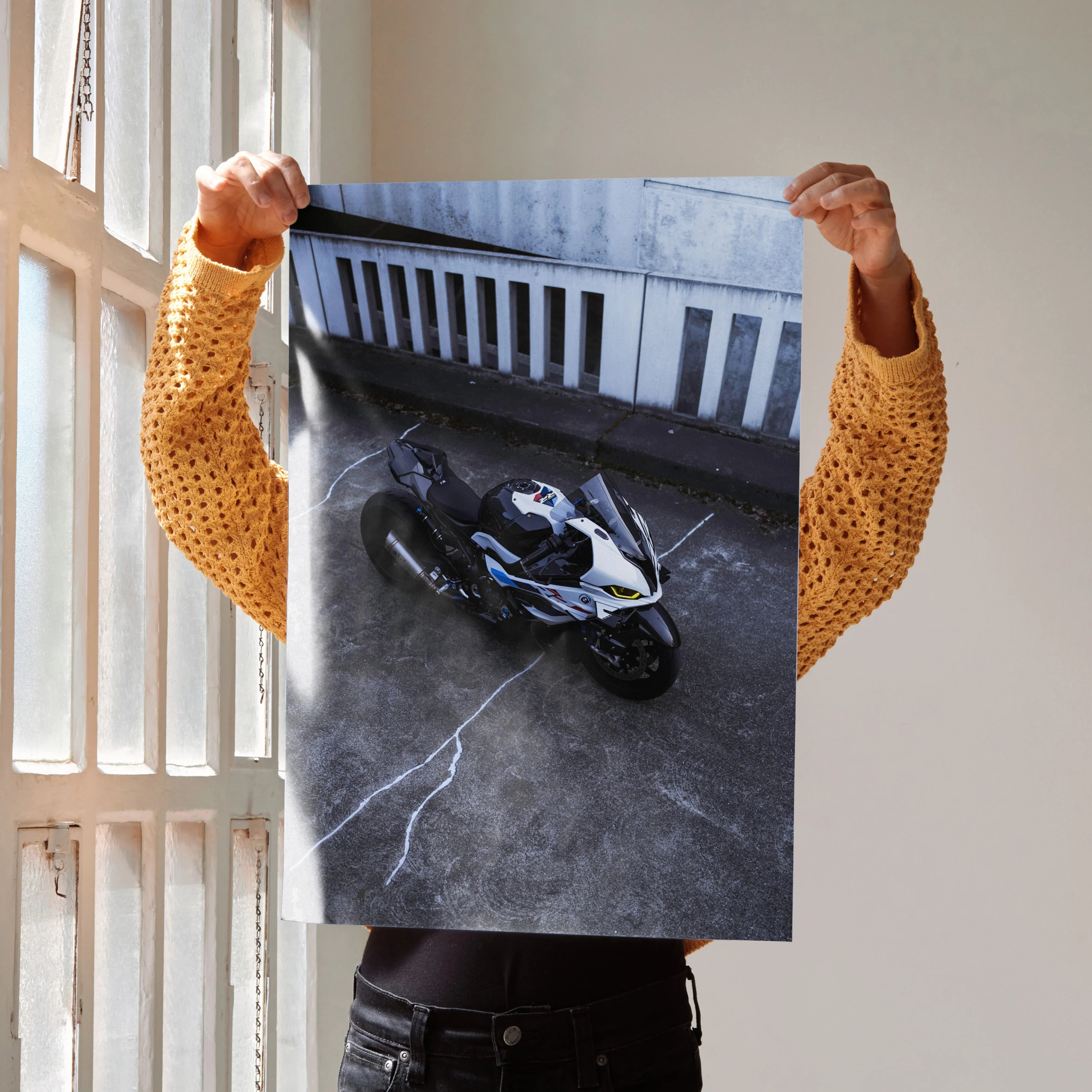 BMW S1000RR drag spec motorcycle poster with dynamic angled view, modern wall art.