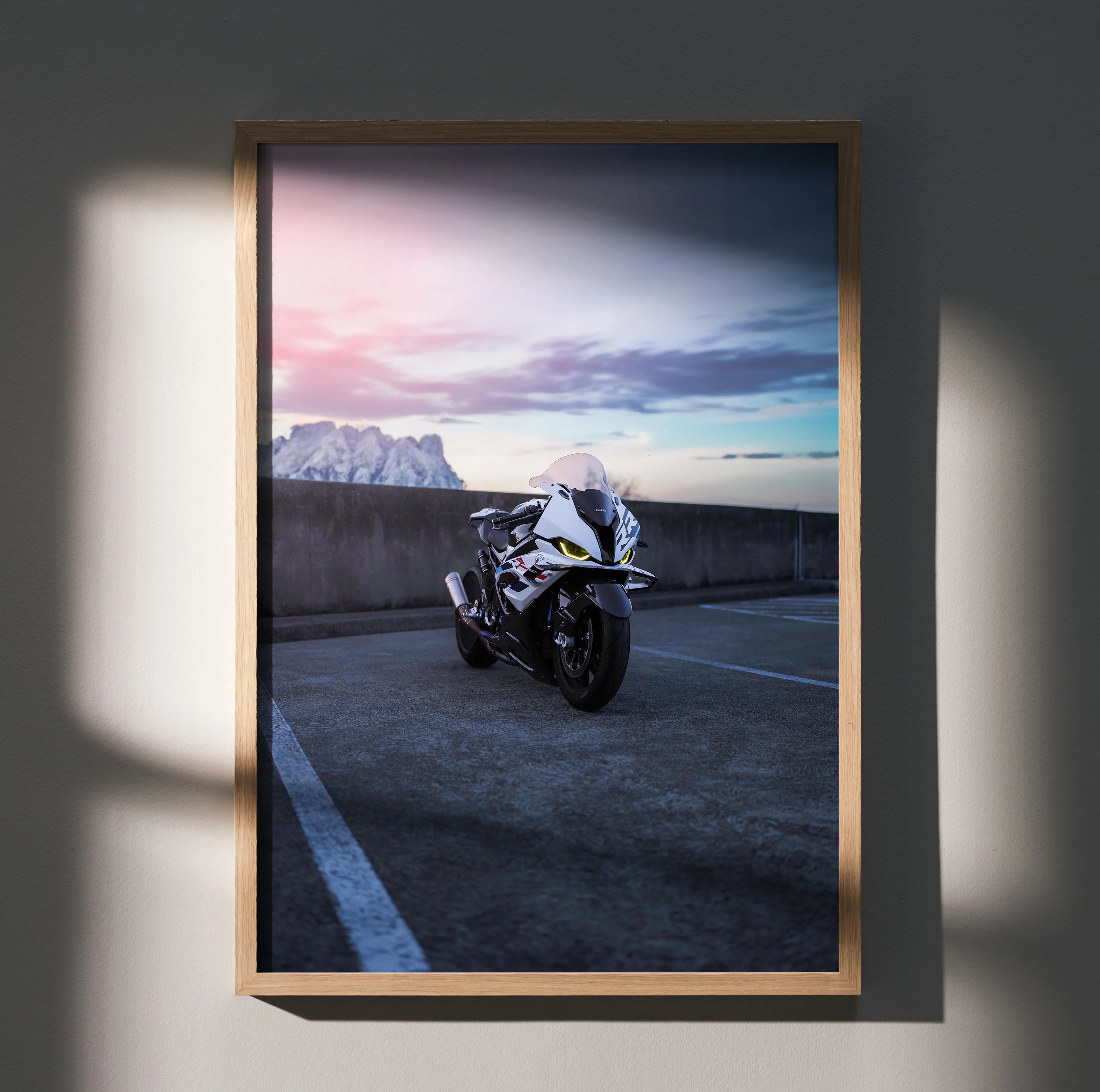 BMW S1000RR Drag Spec motorcycle poster with sunset sky, displayed as framed wall art.