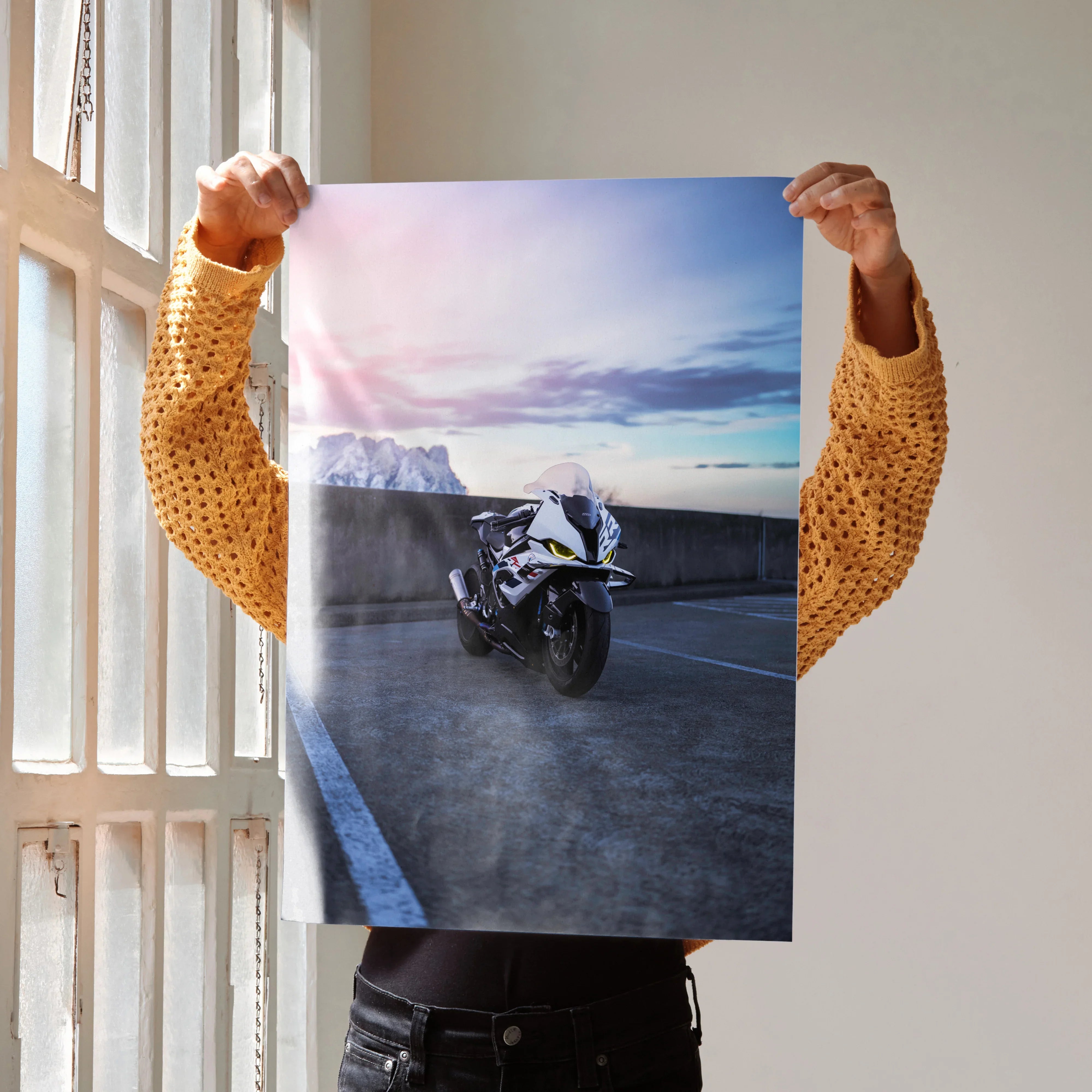 BMW S1000RR Drag Spec motorcycle poster with sunset sky, vibrant wall art print.