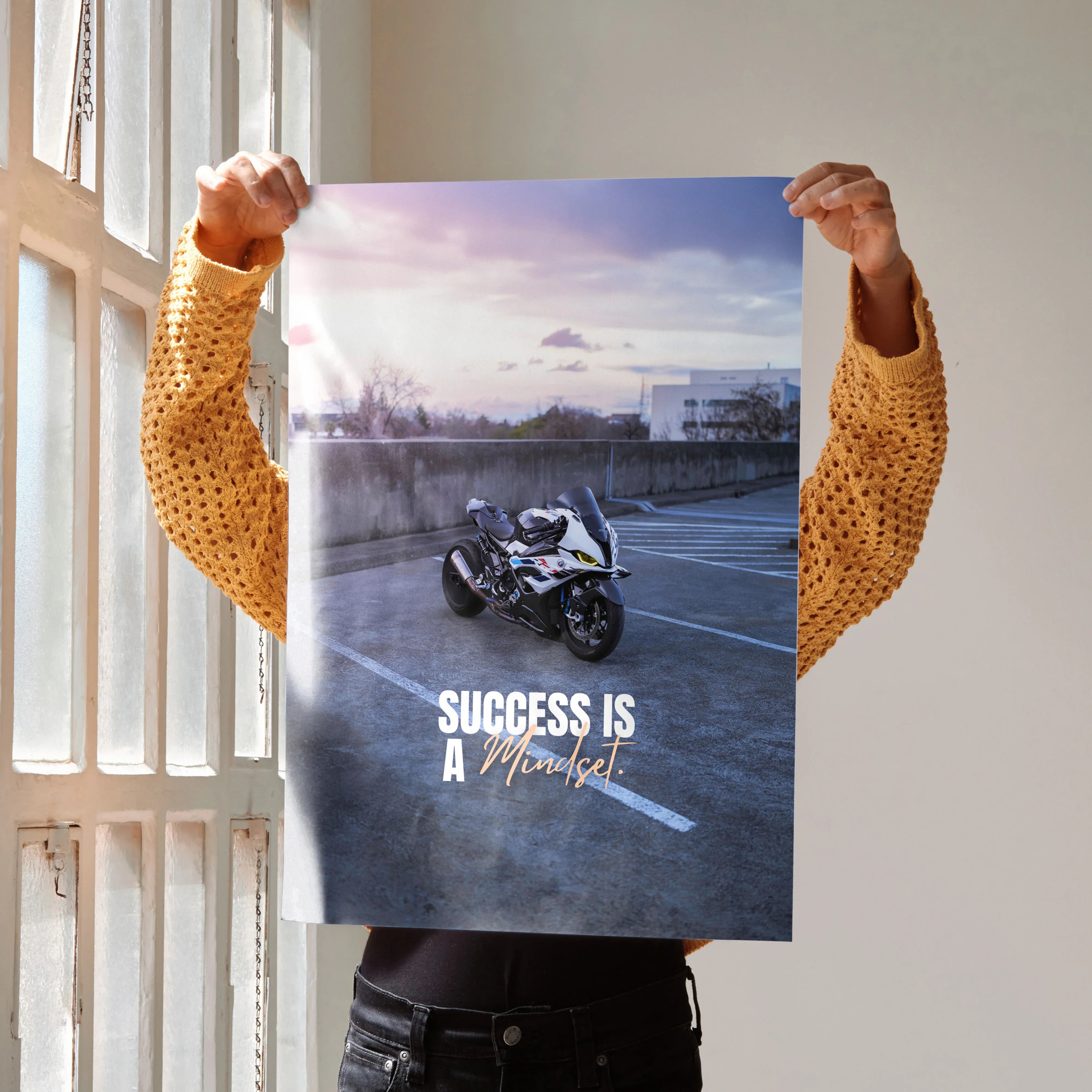 BMW S1000RR Drag Spec motorcycle with "Success Is A Mindset" motivational text poster wall art.