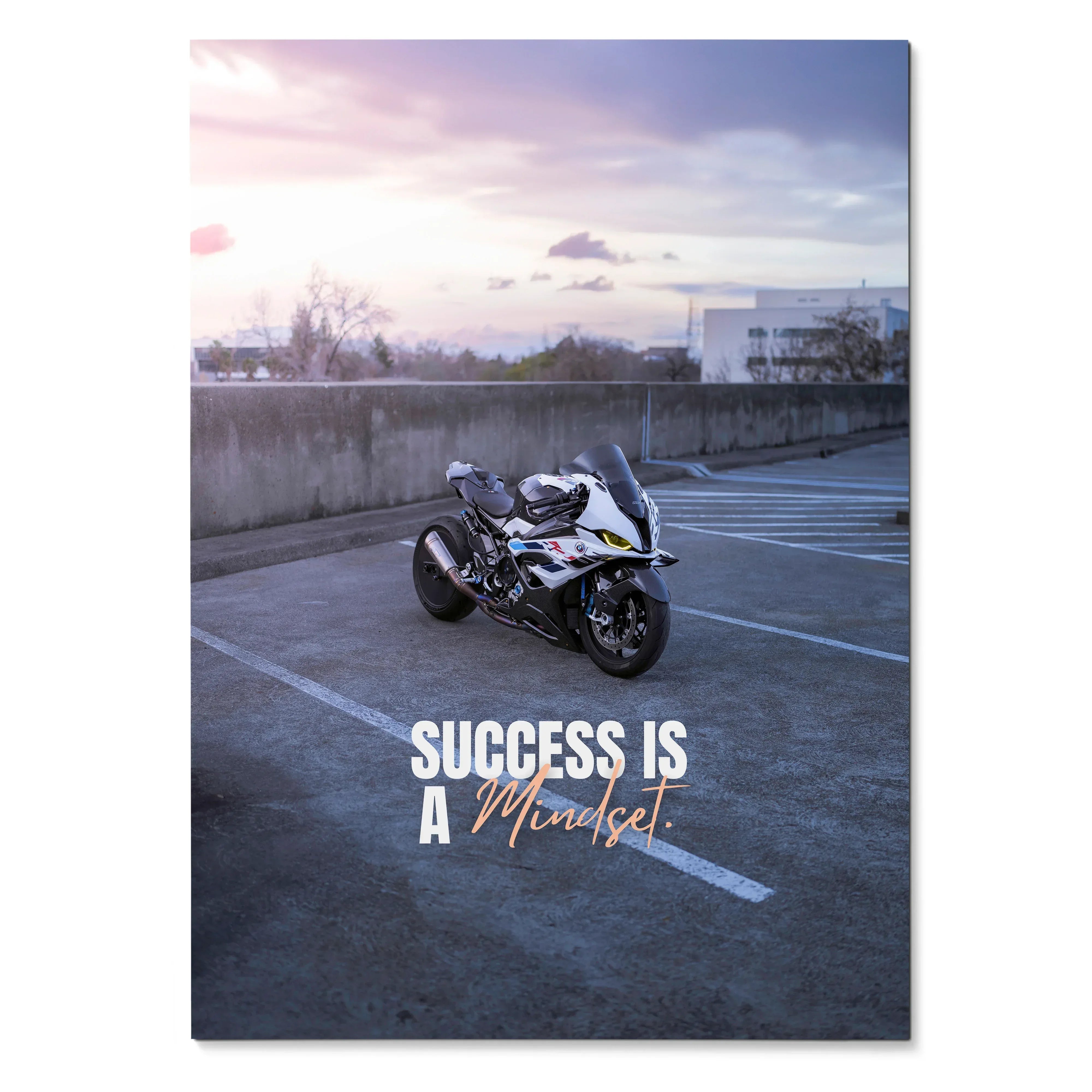 BMW S1000RR Drag Spec motorcycle poster with sunset and motivational text wall art.