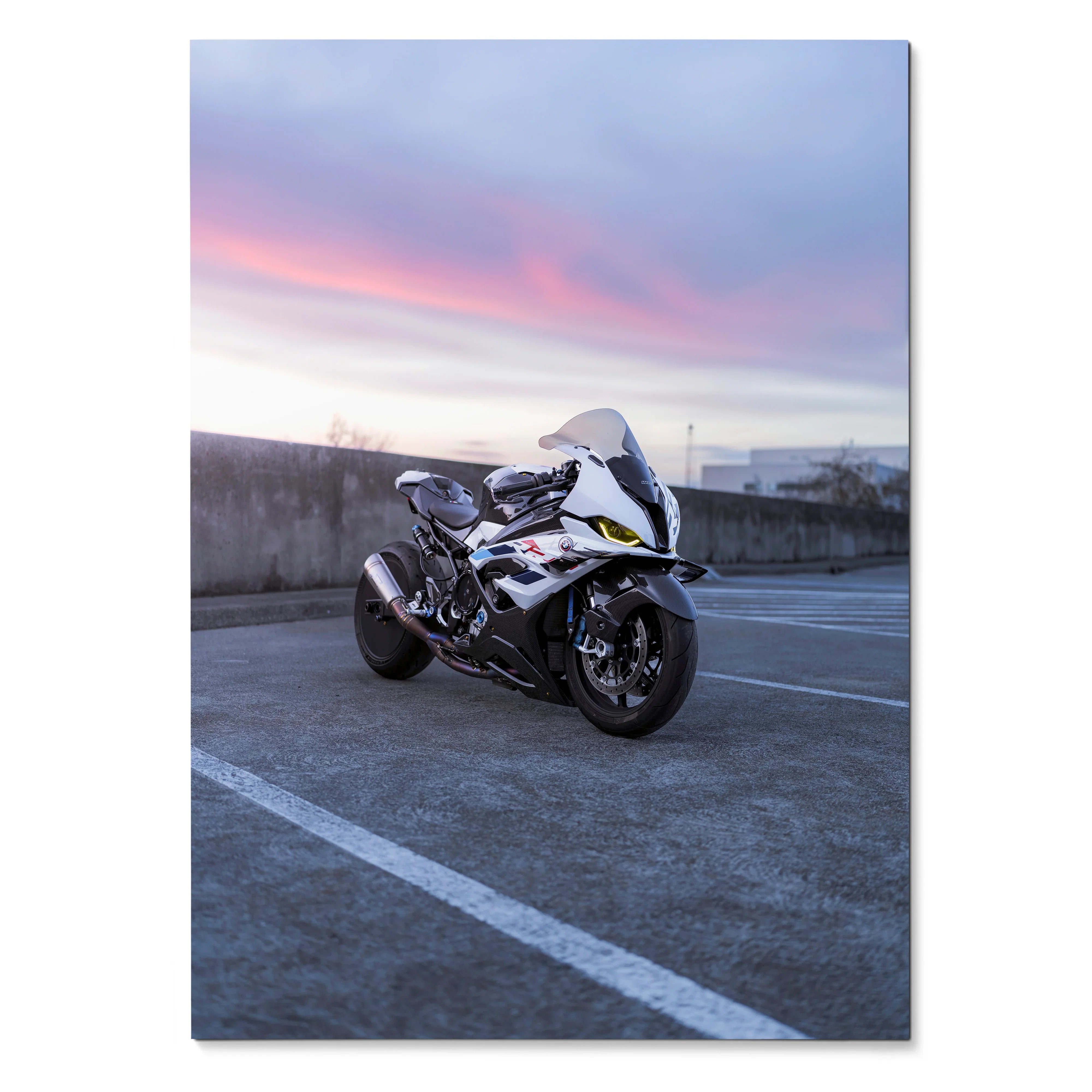 BMW S1000RR Drag Spec motorcycle parked at sunset poster wall art.